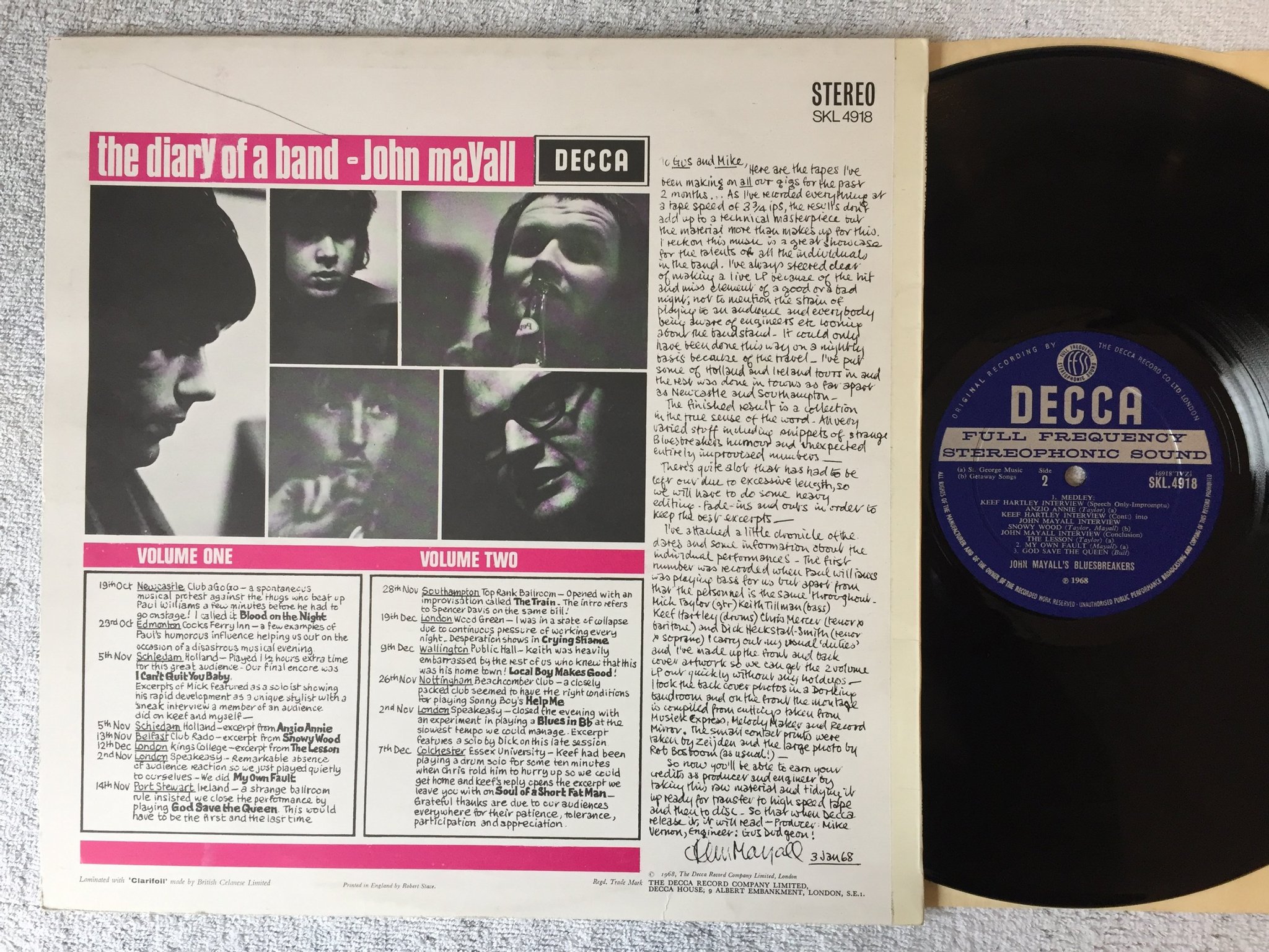 Omslagsbild för skivan JOHN MAYALL'S BLUESBREAKERS the diary of a band LP -68 UK DECCA SKL 4918