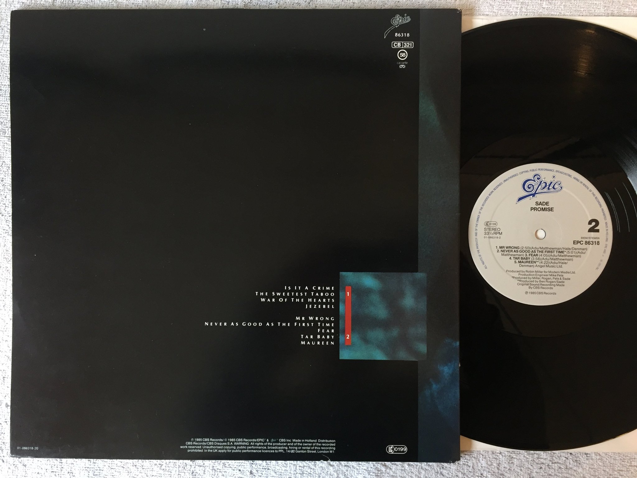 Omslagsbild för skivan SADE promise  LP -85 Hol EPIC EPC 86318 red title rext