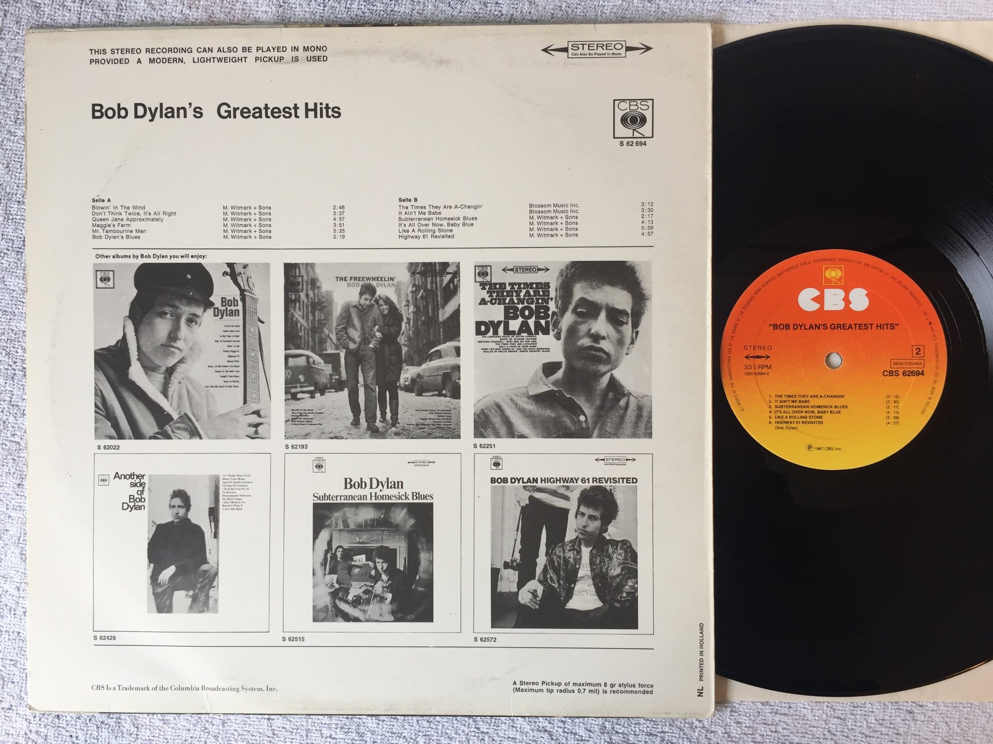 Omslagsbild för skivan BOB DYLAN greatest hits LP  Hol CBS 62694