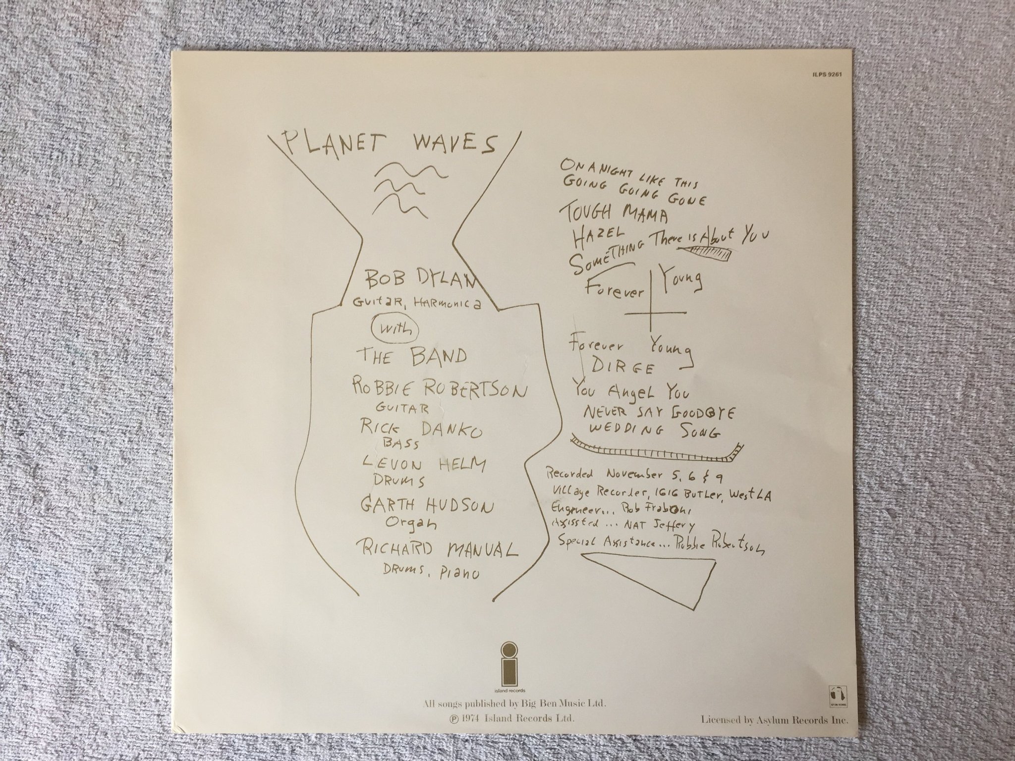 Omslagsbild för skivan BOB DYLAN planet waves LP -74 UK ISLAND pink rim ILPS 9261