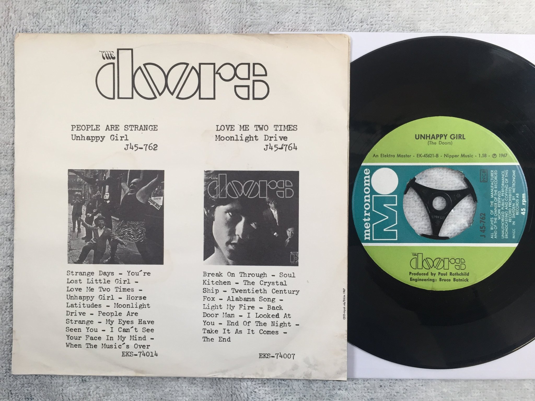 Omslagsbild för skivan THE DOORS people are strange 7"single -67 Swe METRONOME J 45-762 rare!