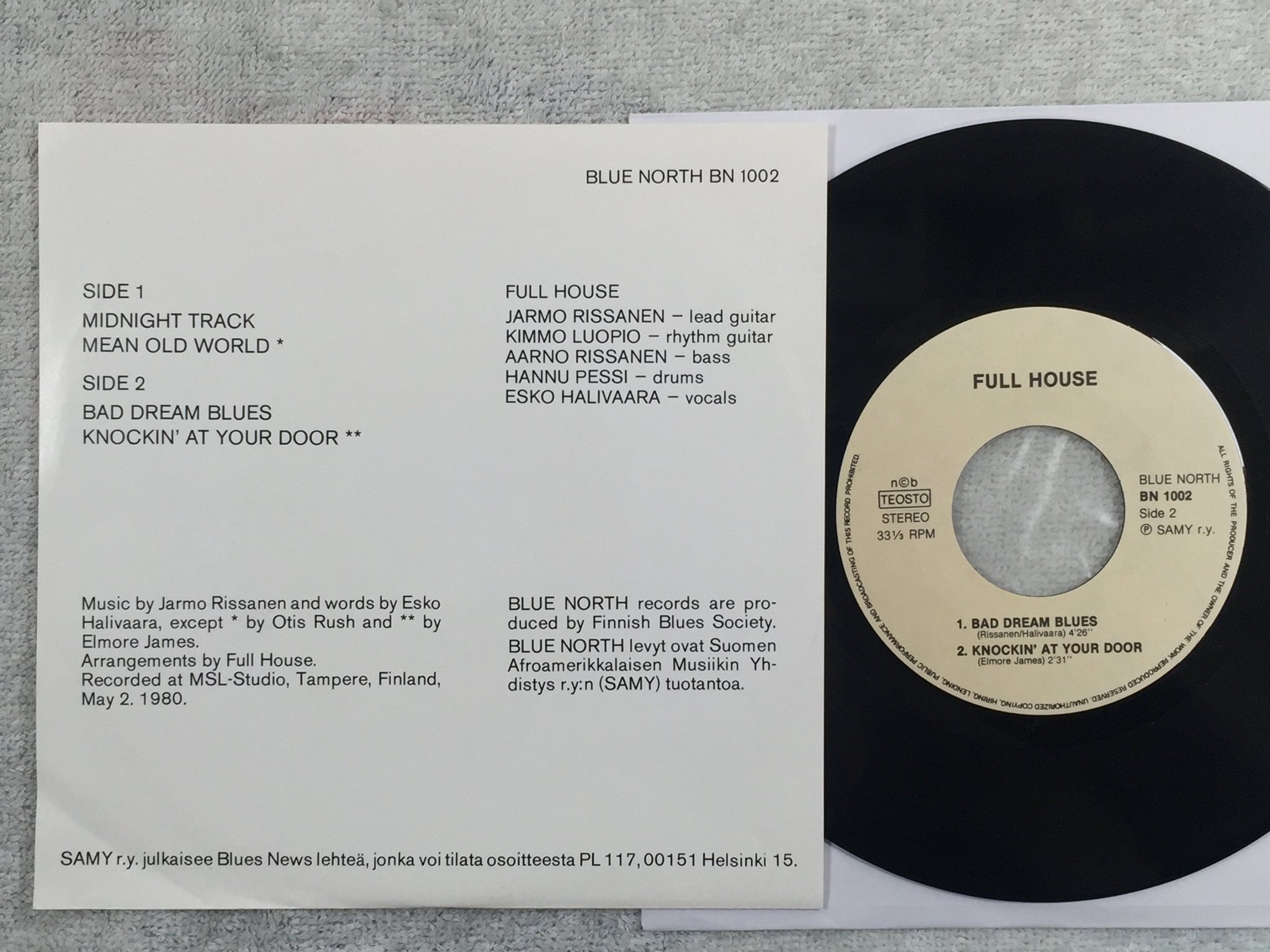Omslagsbild för skivan FULL HOUSE Finnish Blues Vol. 2 7"ep -80 Finland BLUE NORTH BN 1002 blues