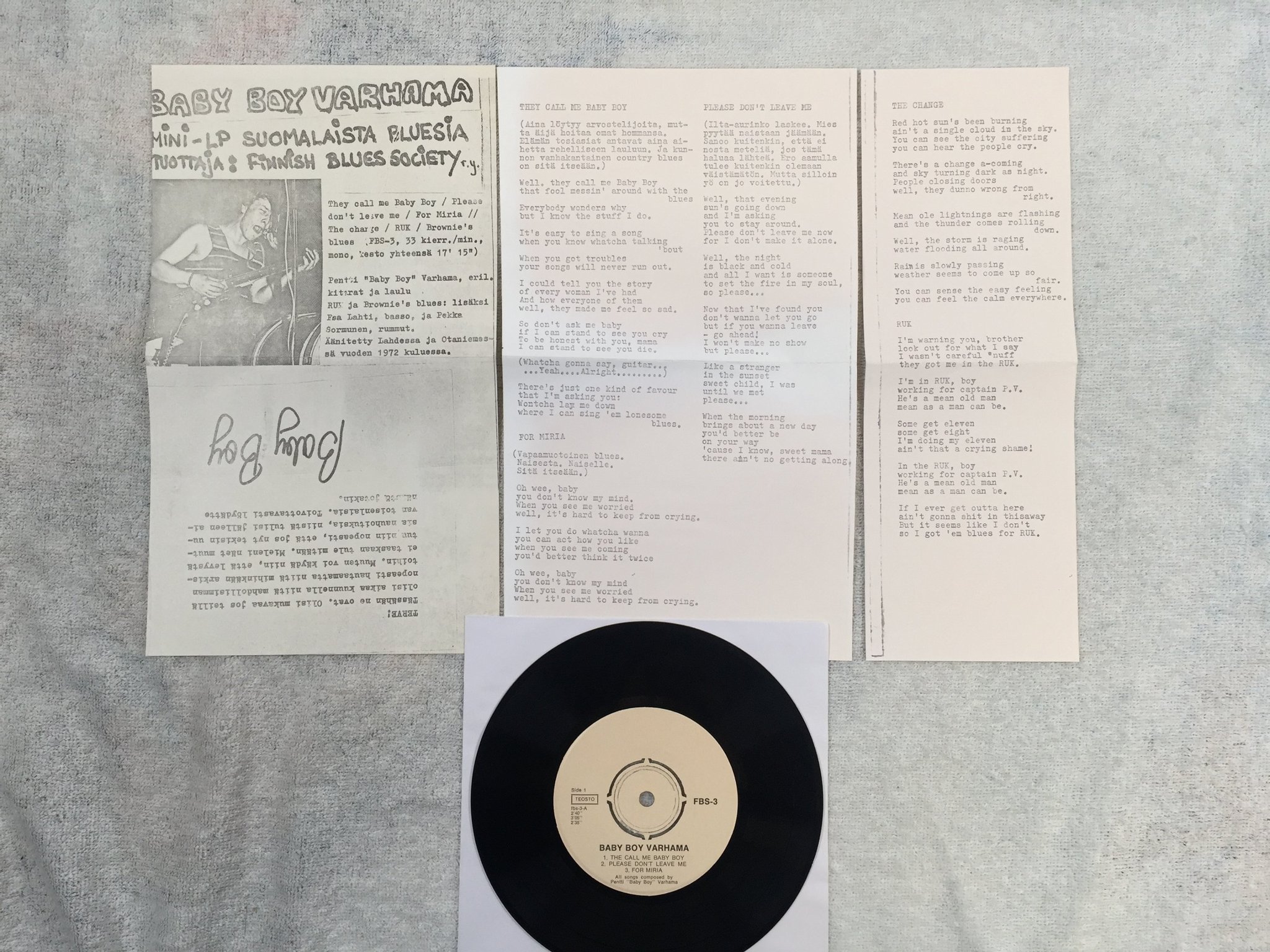 Omslagsbild för skivan BABY BOY VARHAMA they call me baby boy 7"ep -72 FINNISH BLUES SOCIETY FBS-3