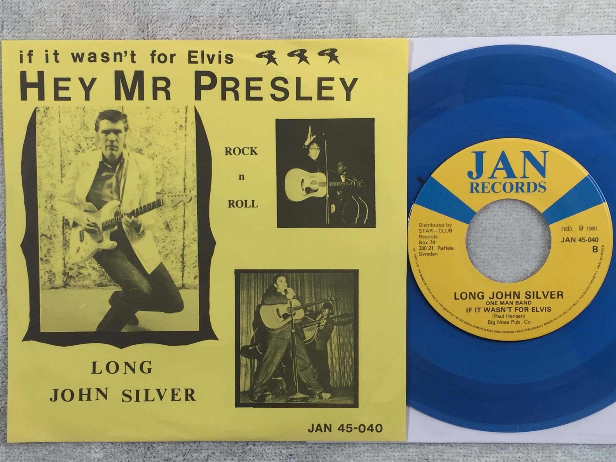 Omslagsbild för skivan LONG JOHN SILVER Hey Mr Presley 7"single Swe JAN 45-040 rock&roll