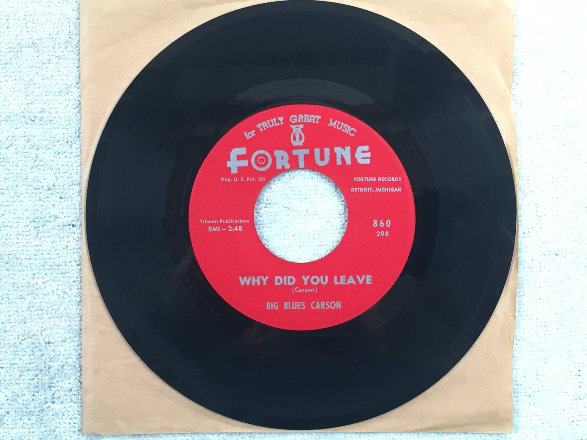 Omslagsbild för skivan BIG BLUES CARSON the night you left 7"single -63 US FORTUNE 860 rhythm n blues