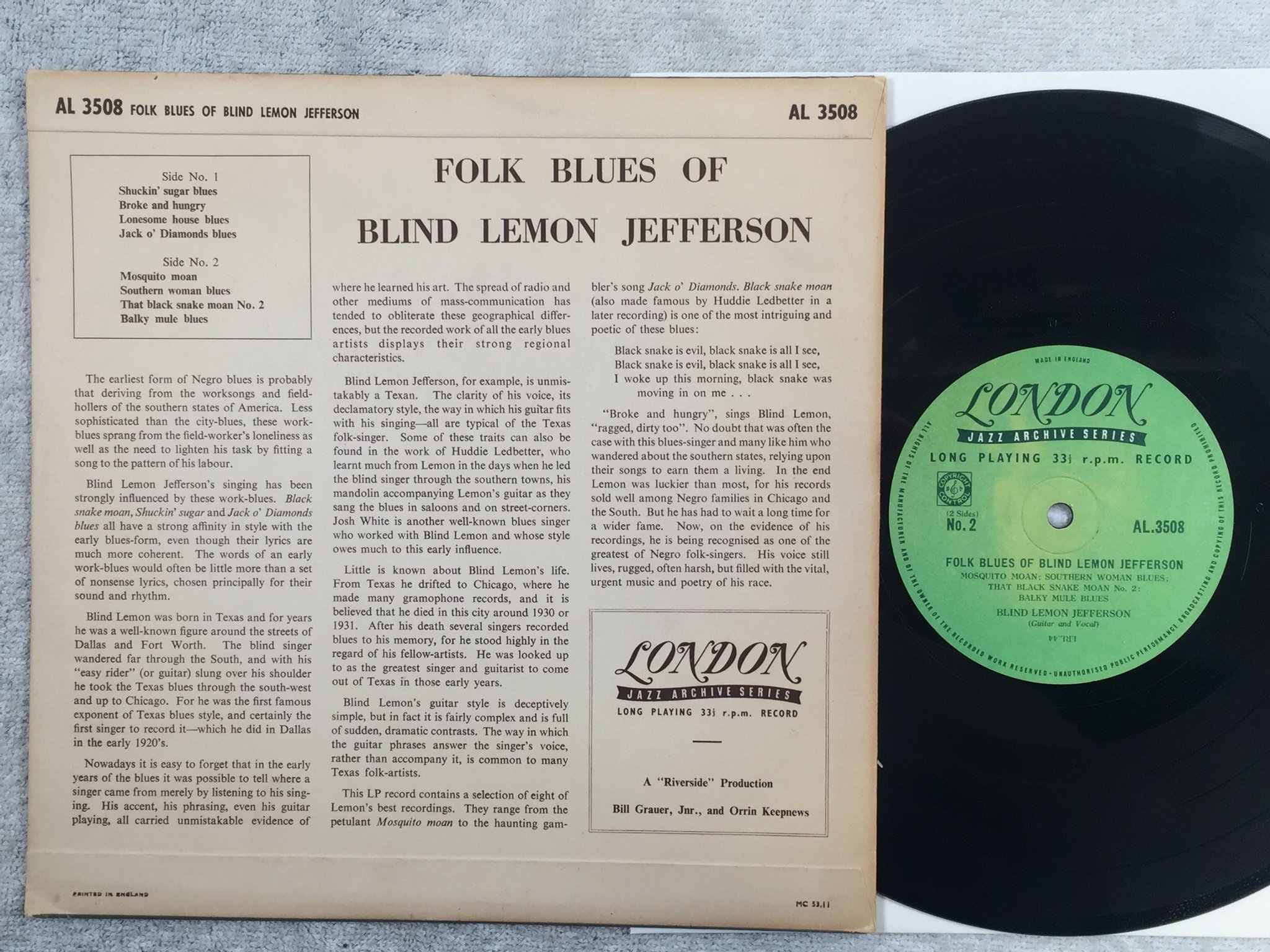 Omslagsbild för skivan Blind Lemon Jefferson - The Folk Blues Of.. 10"LP -54 UK LONDON AL 3508 