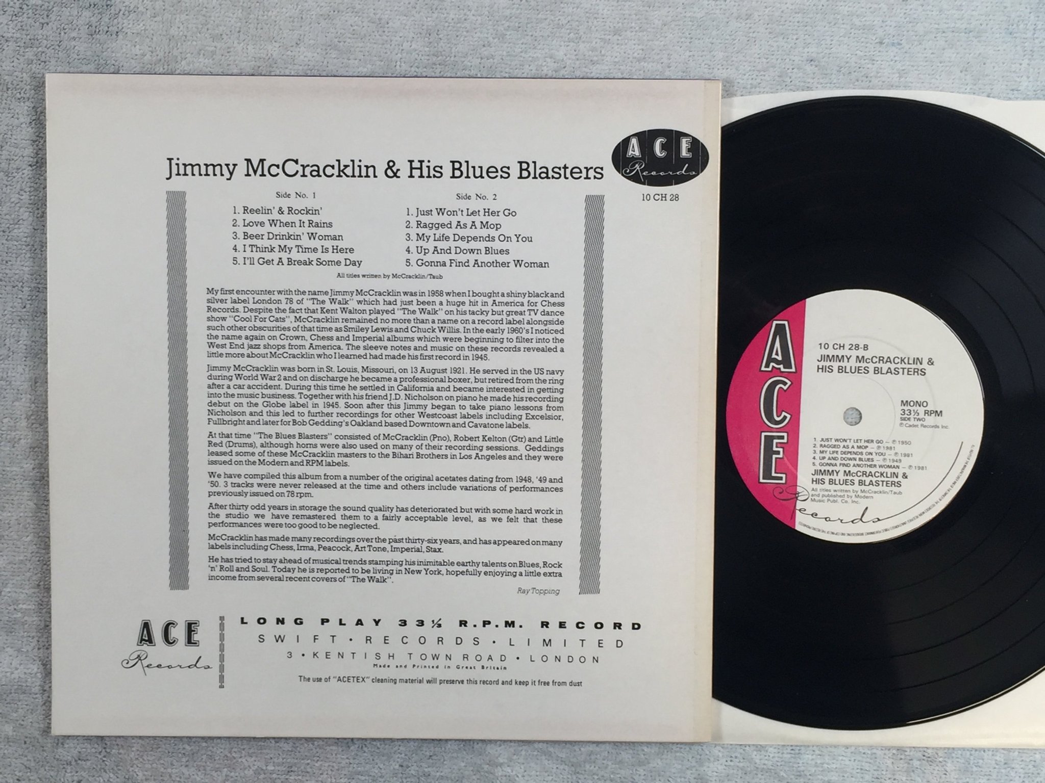 Omslagsbild för skivan JIMMY McCRACKLIN & HIS BLUES BLASTERS s/t 10"LP -81 UK ACE 10 CH 28 R&B