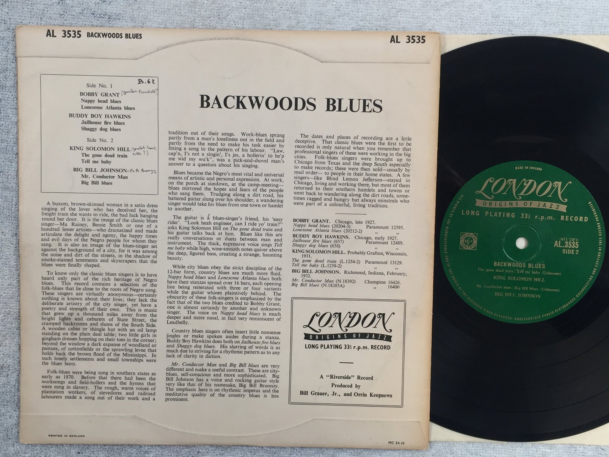 Omslagsbild för skivan V/A backwoods blues 10"LP -54 UK LONDON AL 3535