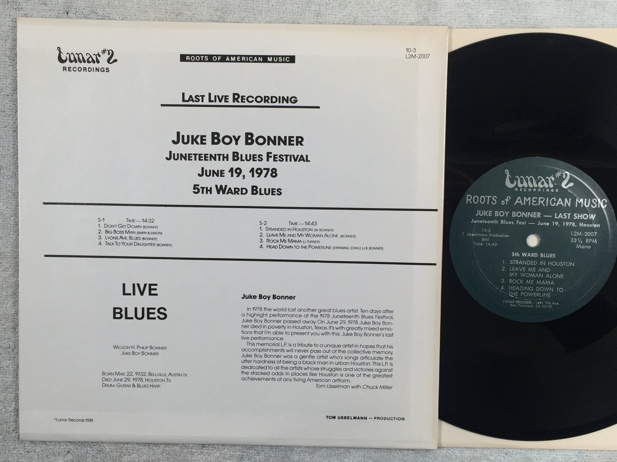 Omslagsbild för skivan JUKE BOY Last Live Recording 10"LP -81 US LUNAR #2 L2M-2007 