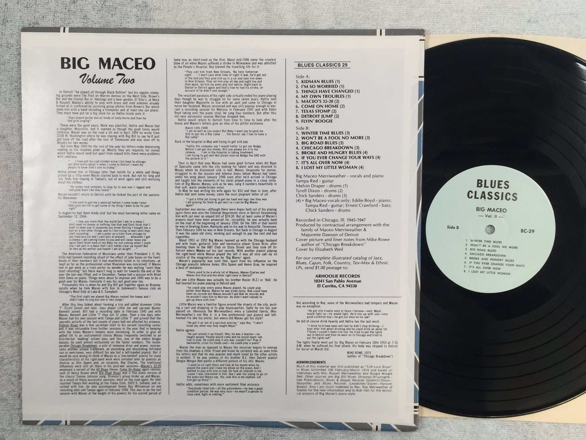 Omslagsbild för skivan BIG MACEO The Best Of Big Maceo vol 2 LP -84 US BLUES CLASSICS BC 29