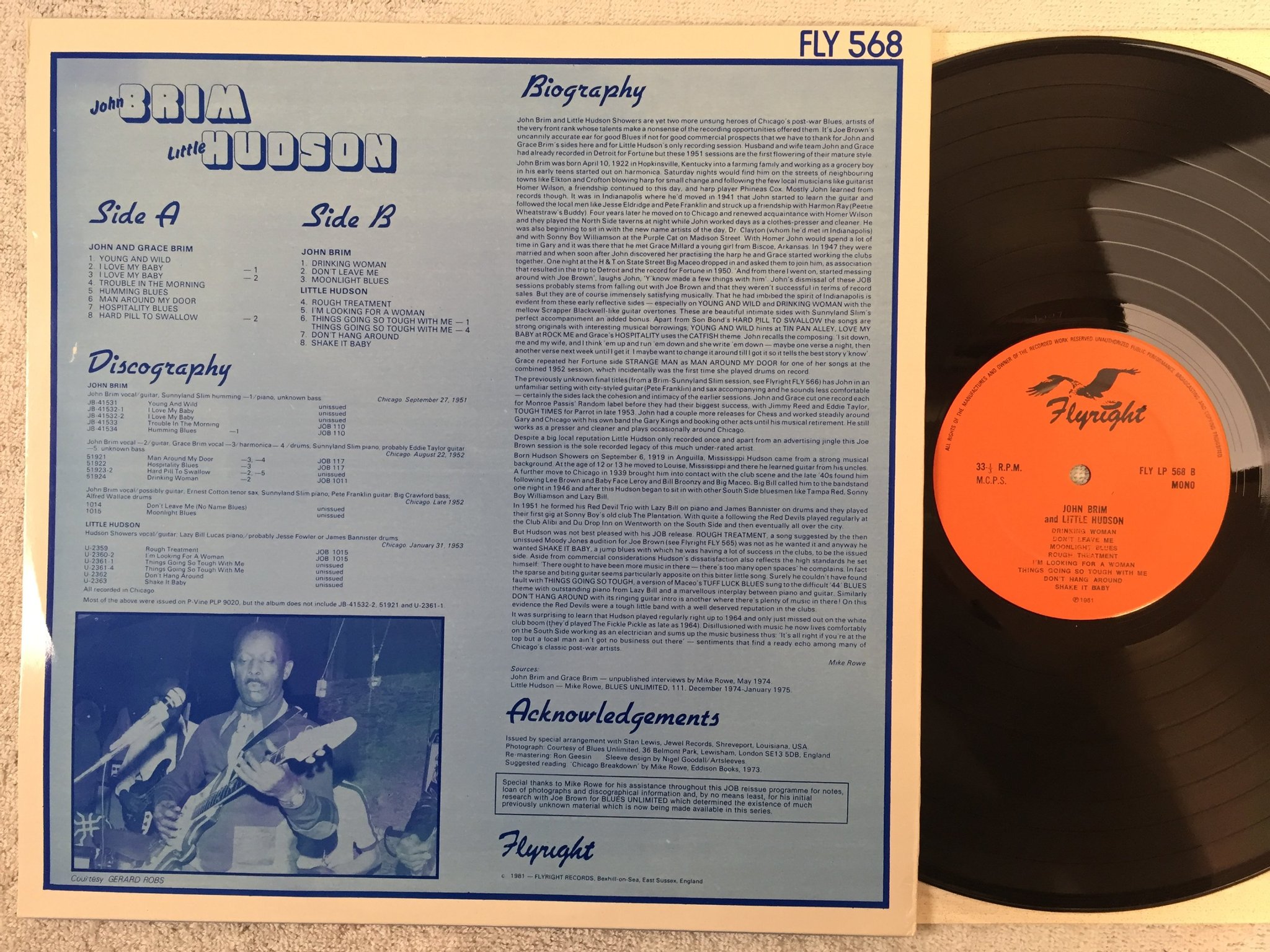 Omslagsbild för skivan JOHN BRIM & LITTLE HUDSON LP -81 UK flyright FLY LP 568 