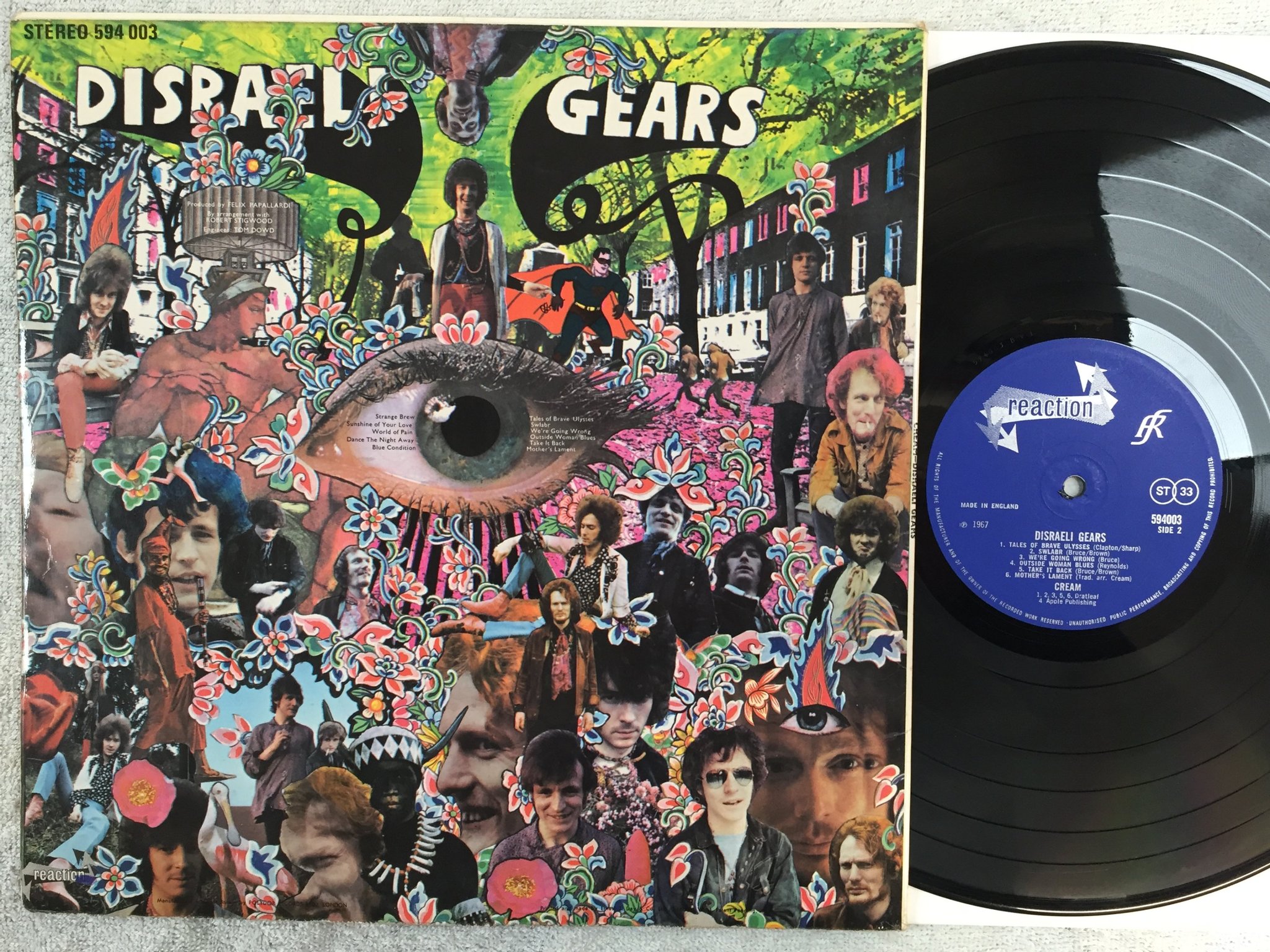 Omslagsbild för skivan CREAM disraeli gears LP -67 UK REACTION 594003 fully laminated original