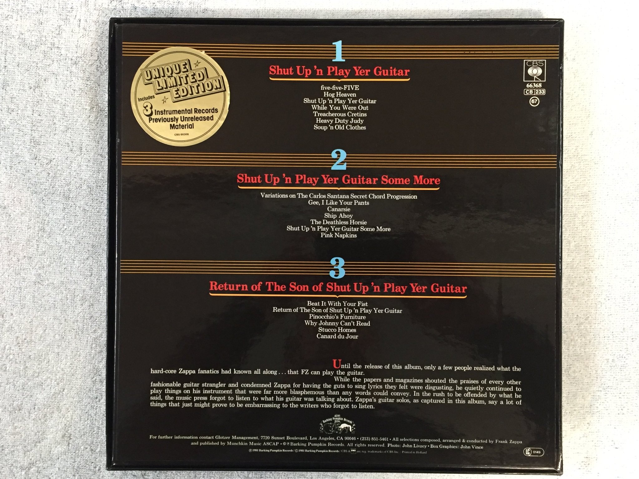 Omslagsbild för skivan FRANK ZAPPA Shut Up 'N Play Yer Guitar 3xLP BOX -81 CBS 66368