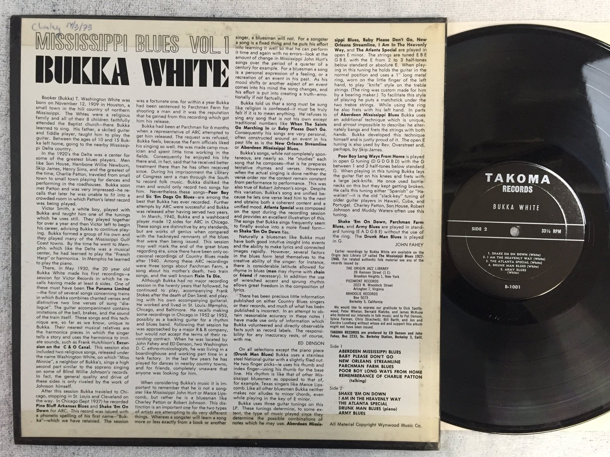 Omslagsbild för skivan BUKKA WHITE Mississippi Blues Vol. 1 LP US TAKOMA B-1001 delta blues