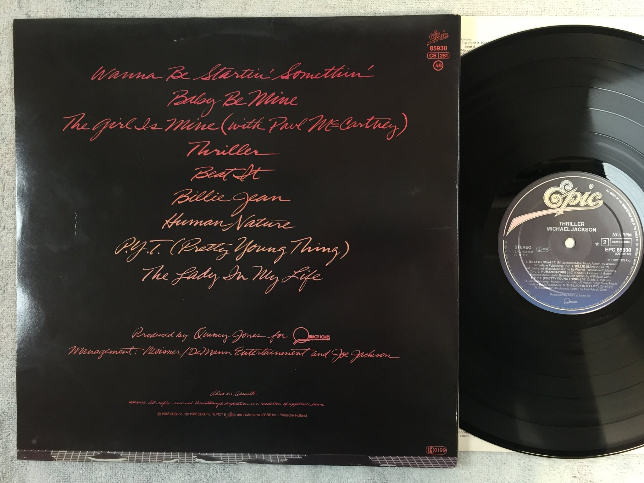 Omslagsbild för skivan MICHAEL JACKSON thriller LP -82 Holno Michael Jackson on back cover