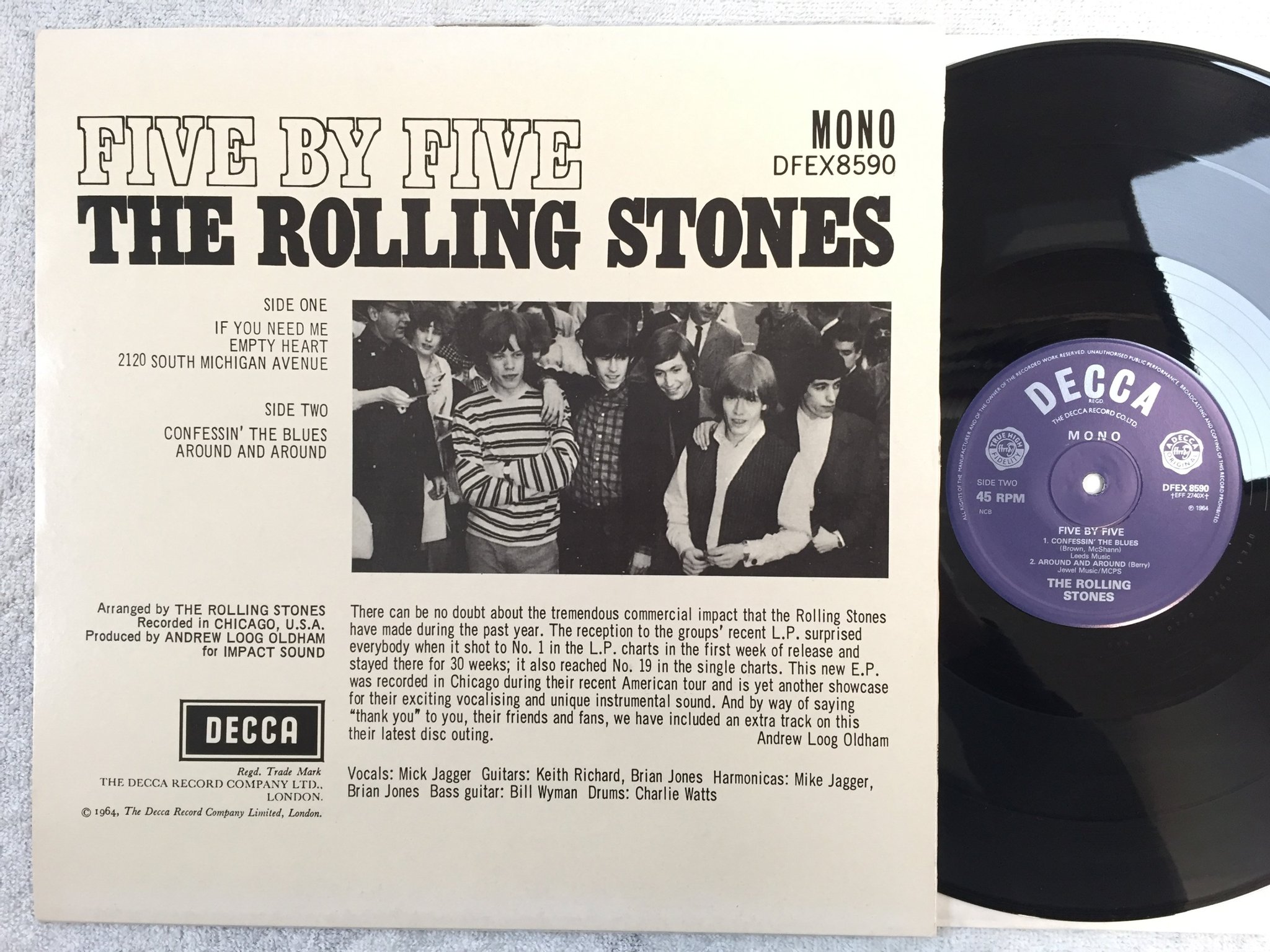 Omslagsbild för skivan THE ROLLING STONES five by five 12"single  UK DECCA DFEX 8590 mono 45 RPM 