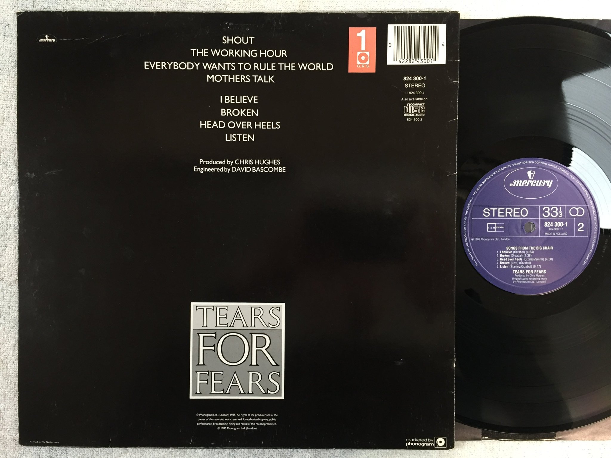 Omslagsbild för skivan TEARS FOR FEARS songs from the big chair LP -85 Hol MERCURY 824 300-1