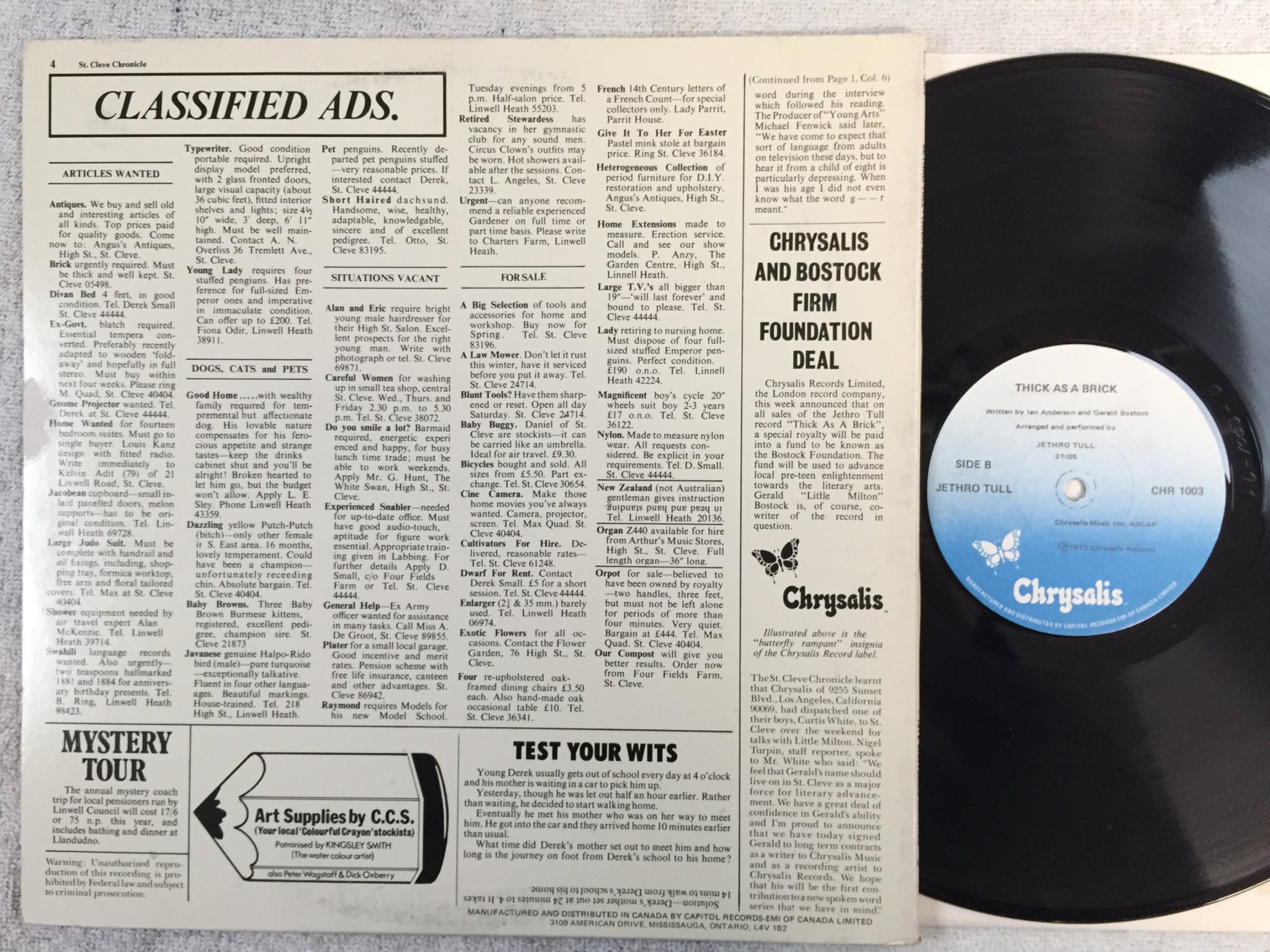 Omslagsbild för skivan JETHRO TULL thick as a brick LP -72 Can CHRYSALIS CHR 1003