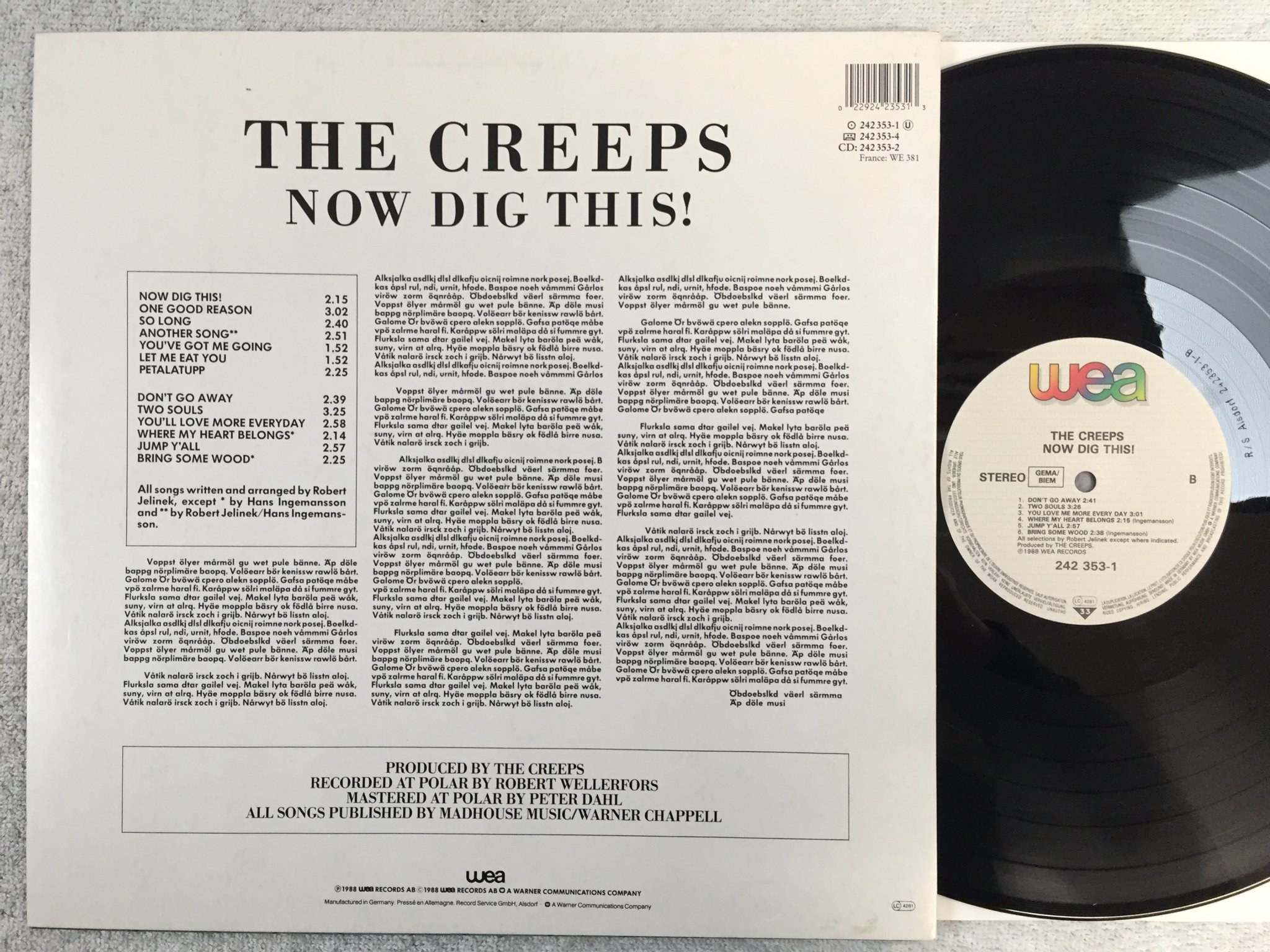 Omslagsbild för skivan THE CREEPS now dig this! LP -88 Ger WEA 242353-1