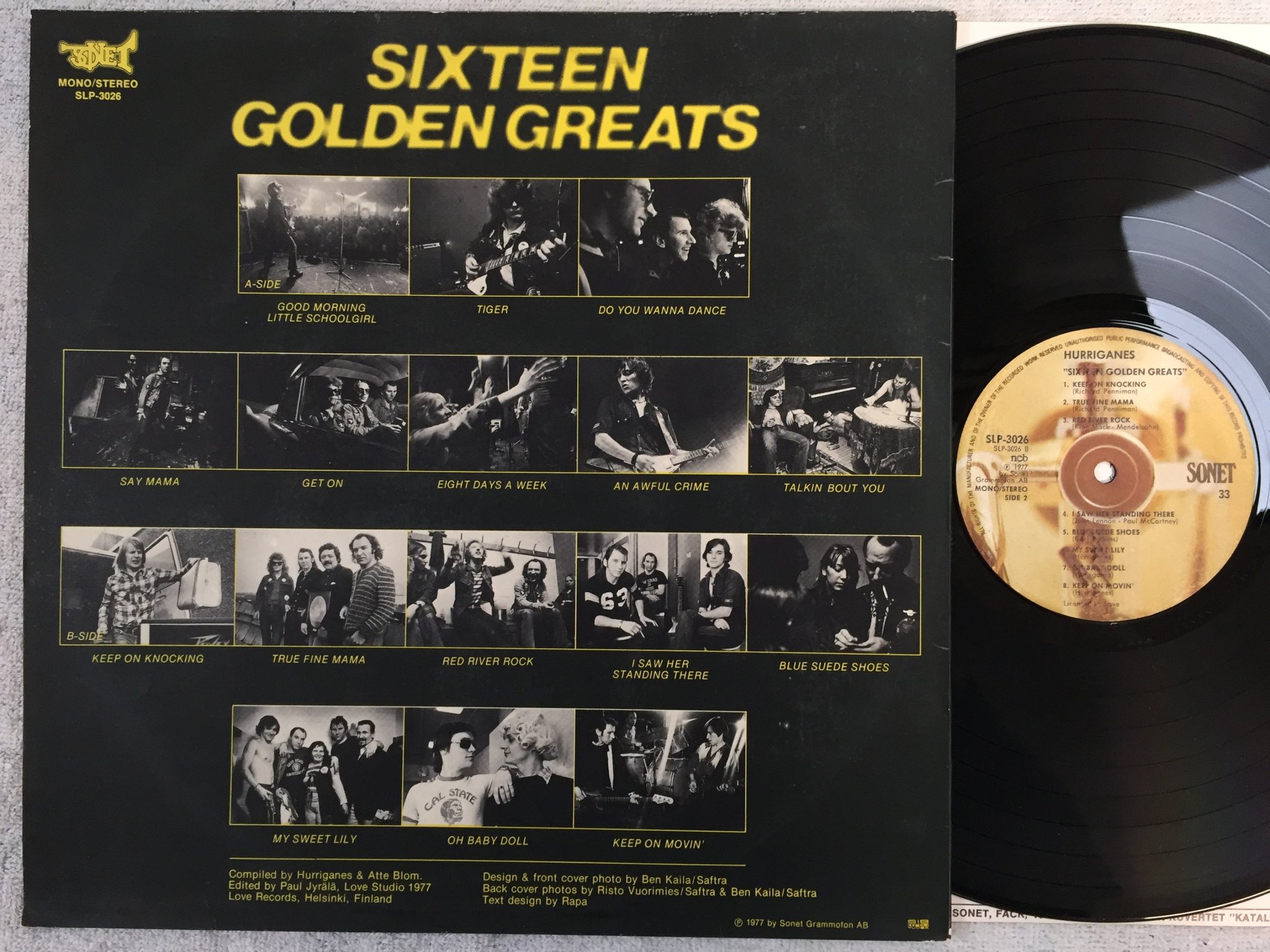 Omslagsbild för skivan HURRIGANES sixteen golden greats LP -77 Swe SONET SLP 3026