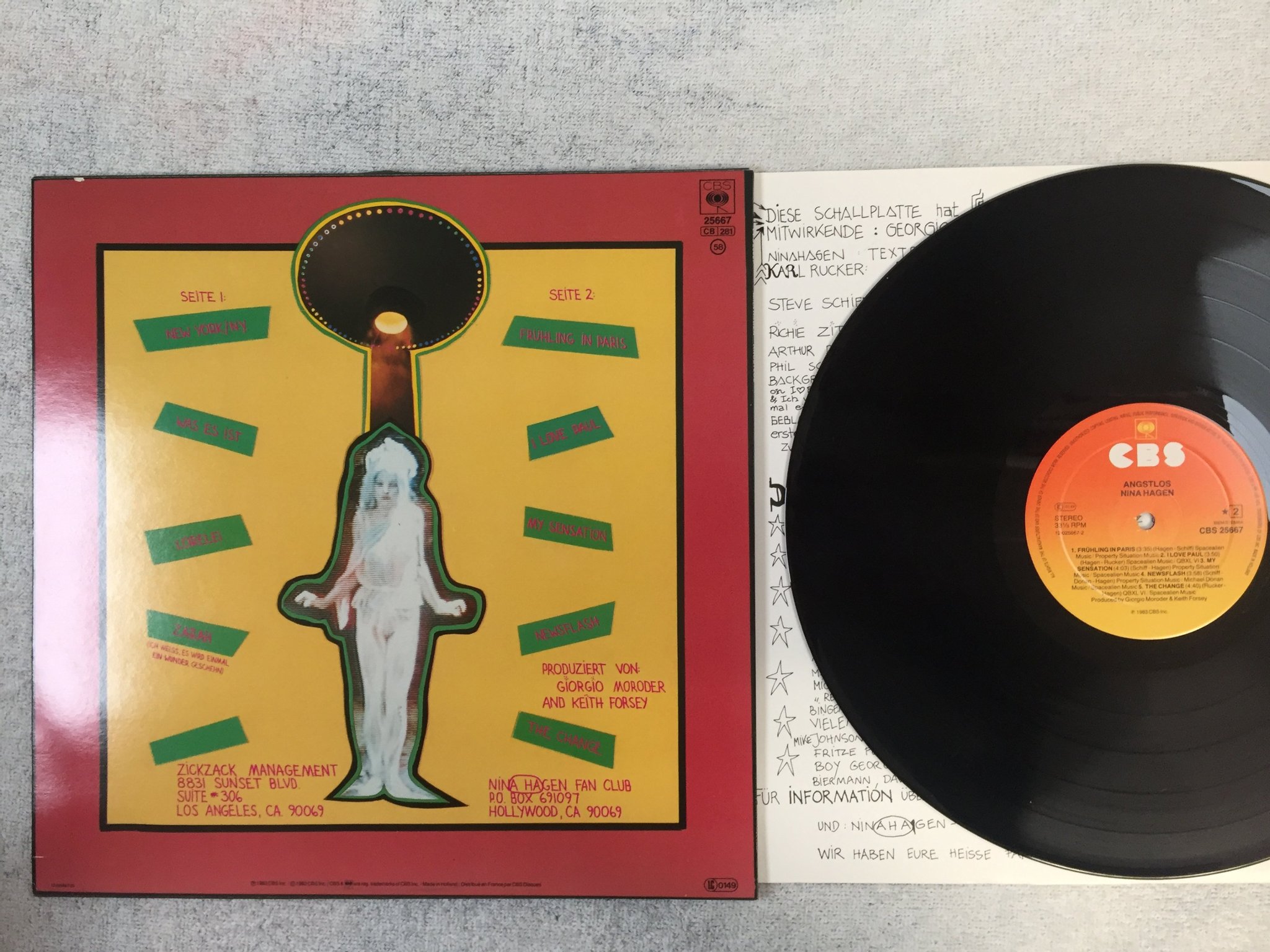 Omslagsbild för skivan NINA HAGEN angstlos LP -83 Hol CBS 25667