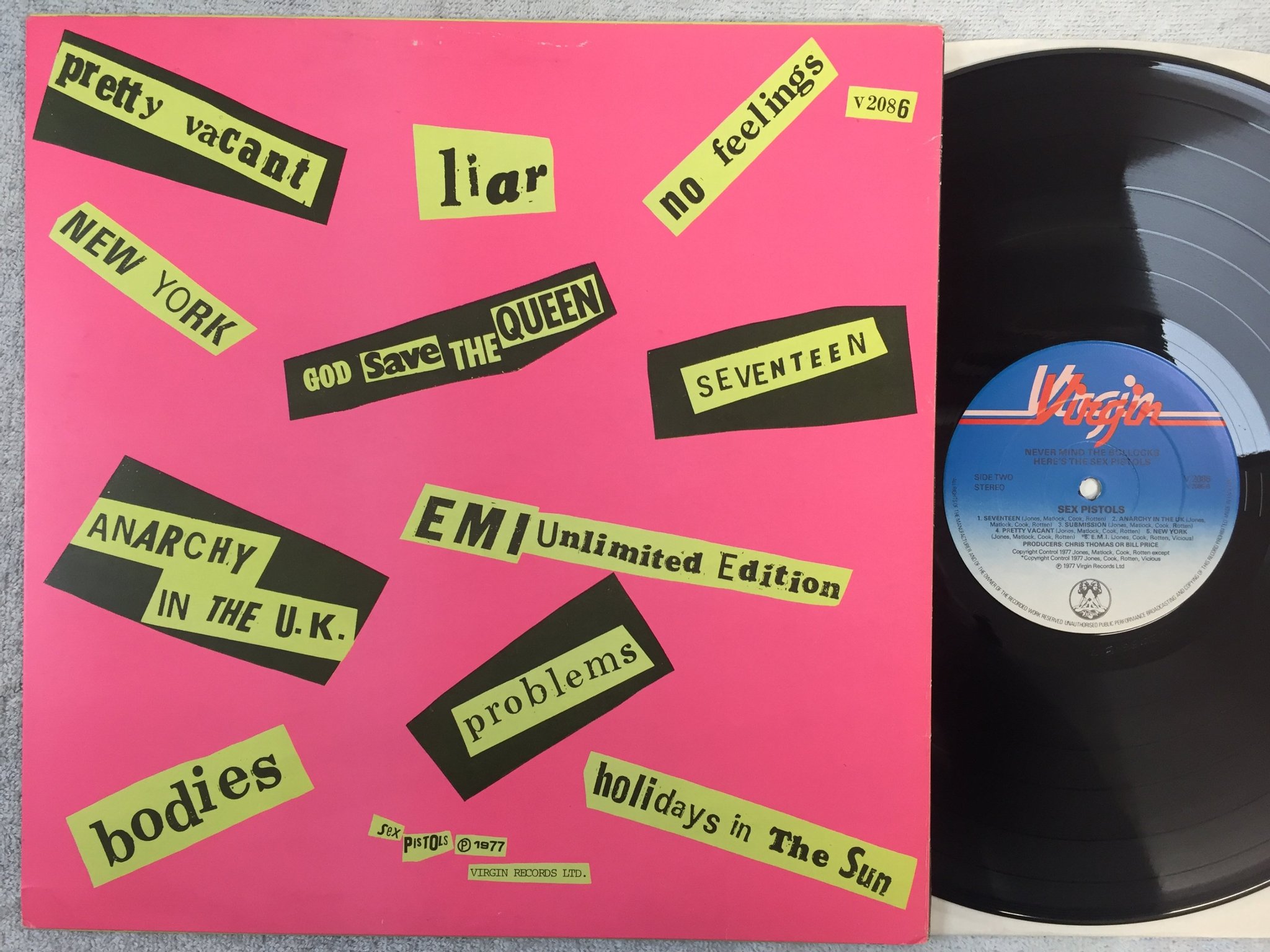 Omslagsbild för skivan SEX PISTOLS never mind the bollocks LP -77 UK VIRGIN V 2086 CLASSIC ! ! 