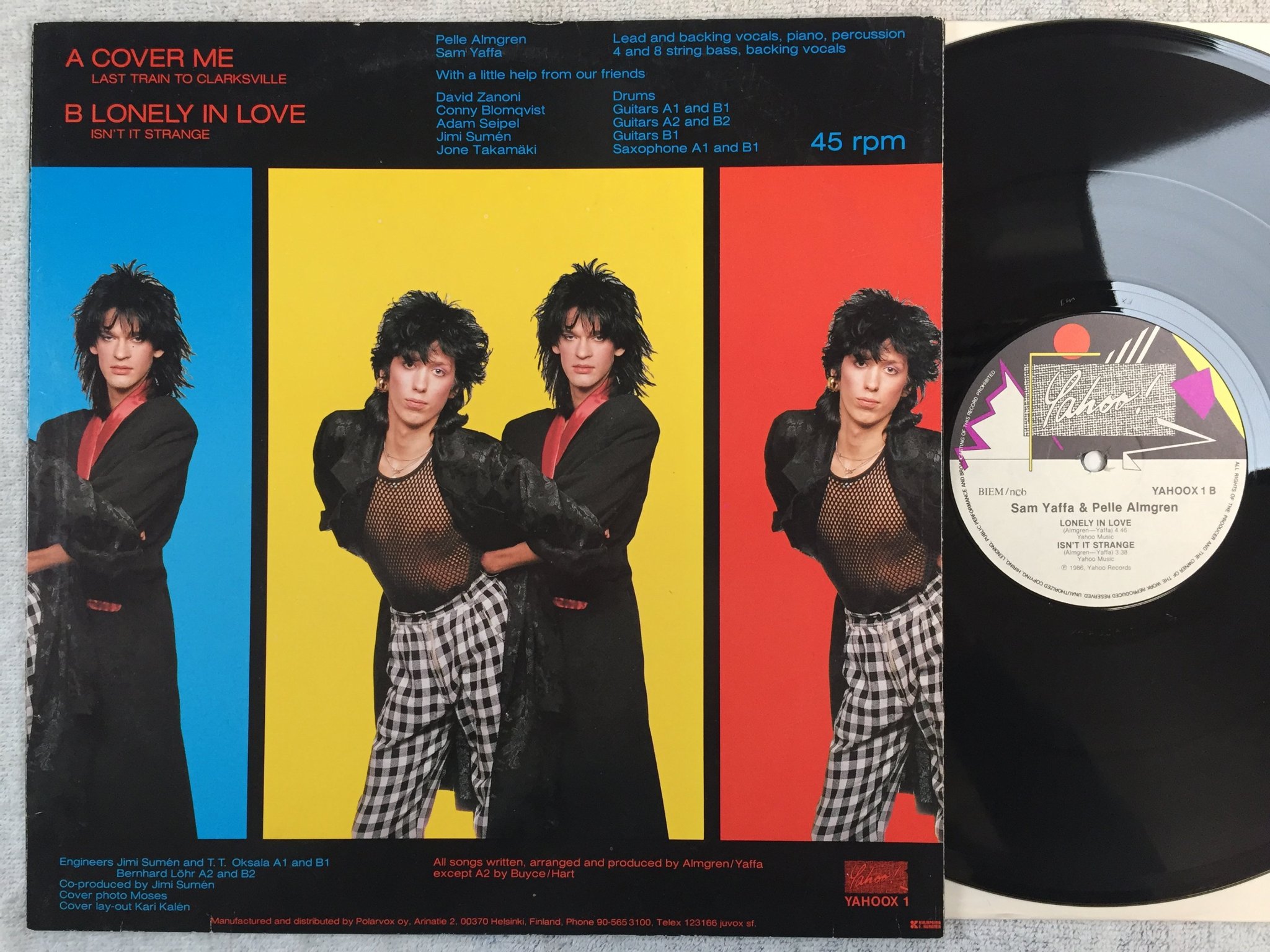 Omslagsbild för skivan SAM YAFFA & PELLE ALMGREN cover me 12"single -86 Finland YAHOOX 1 rock