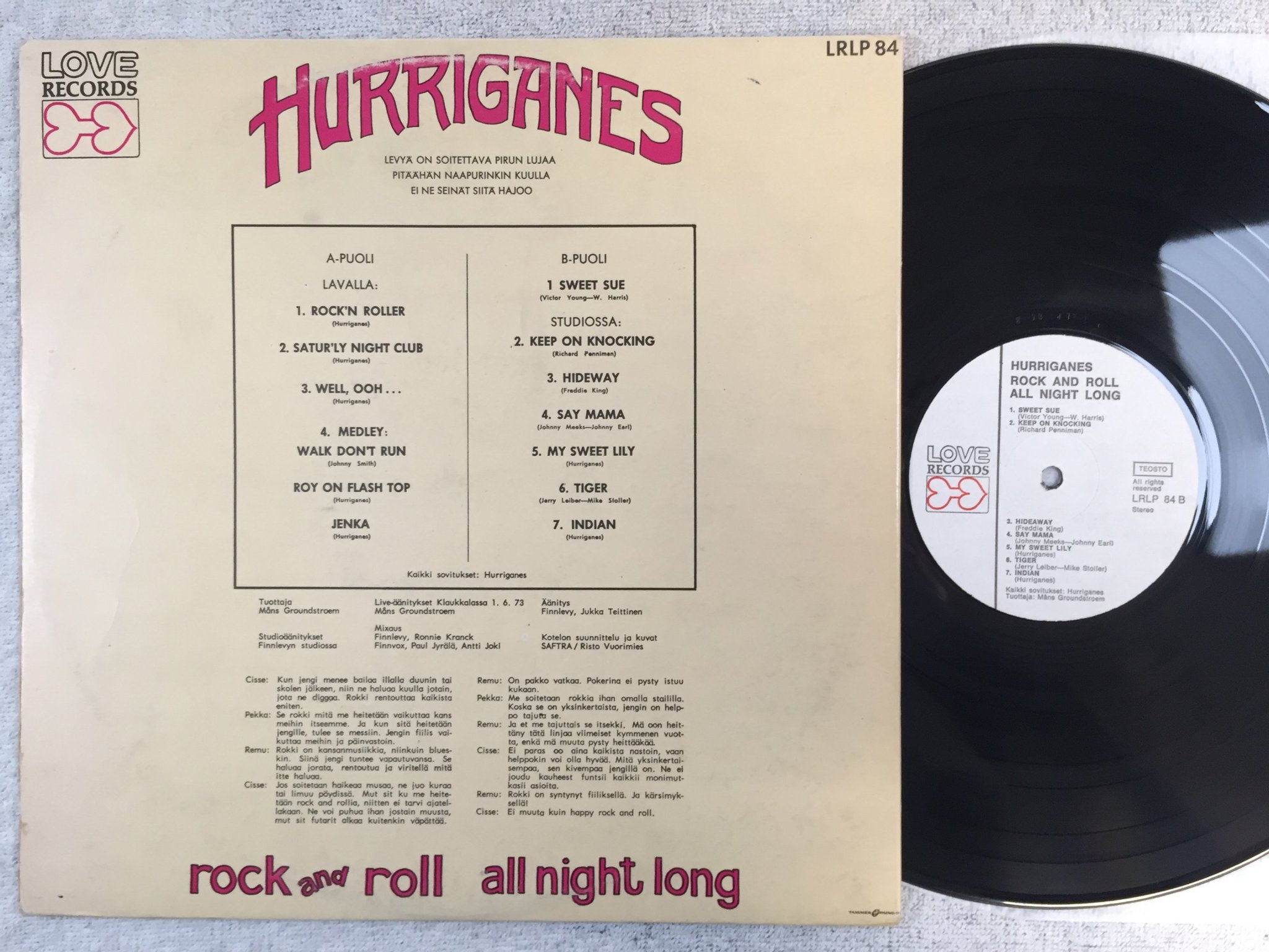 Omslagsbild för skivan HURRIGANES rock and roll all night long LP -73 Finland LOVE LRLP 84 rare!