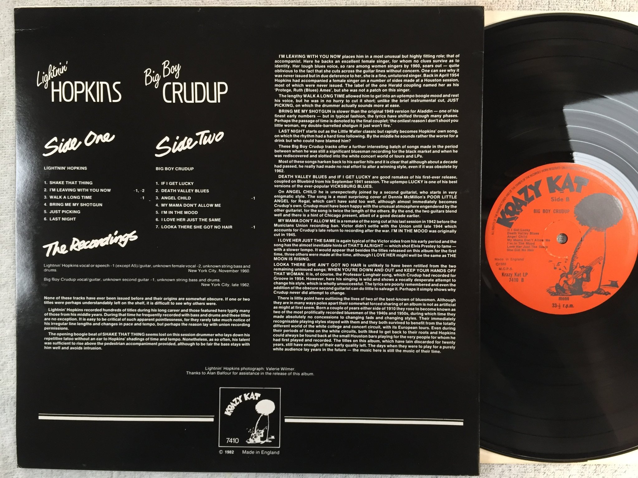 Omslagsbild för skivan LIGHTNIN HOPKINS & BIG BOY CRUDUP LP -83 UK krazy kat 7410 