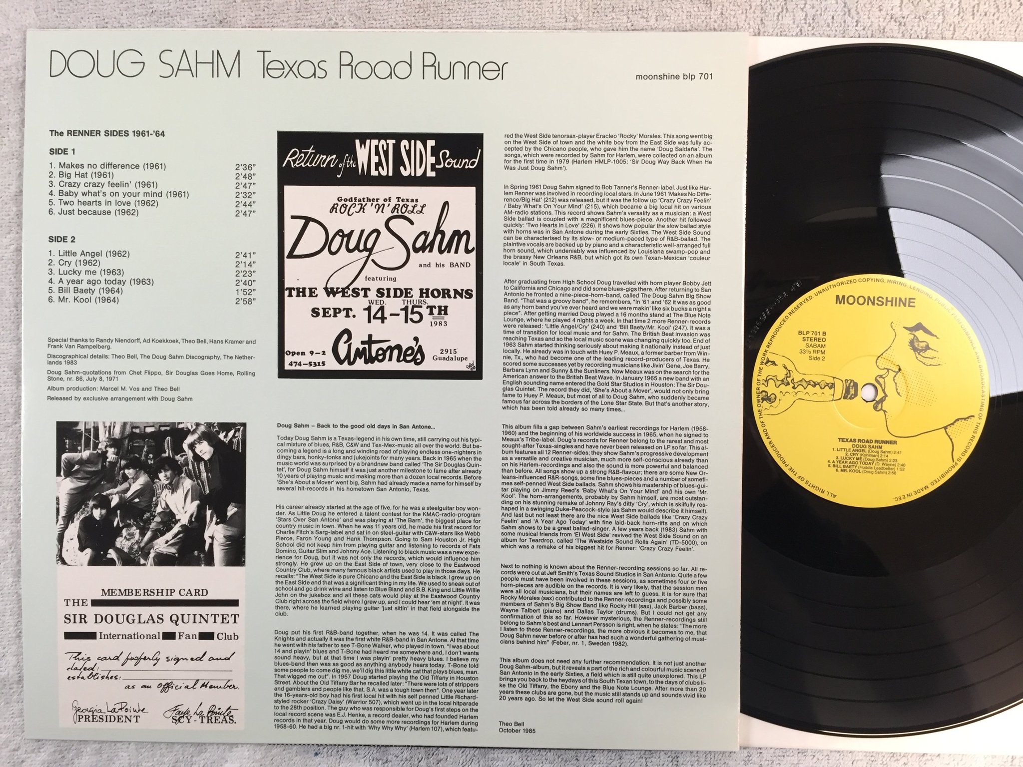 Omslagsbild för skivan DOUG SAHM Texas road runner LP -85 Hol MOONSHINE BLP 701