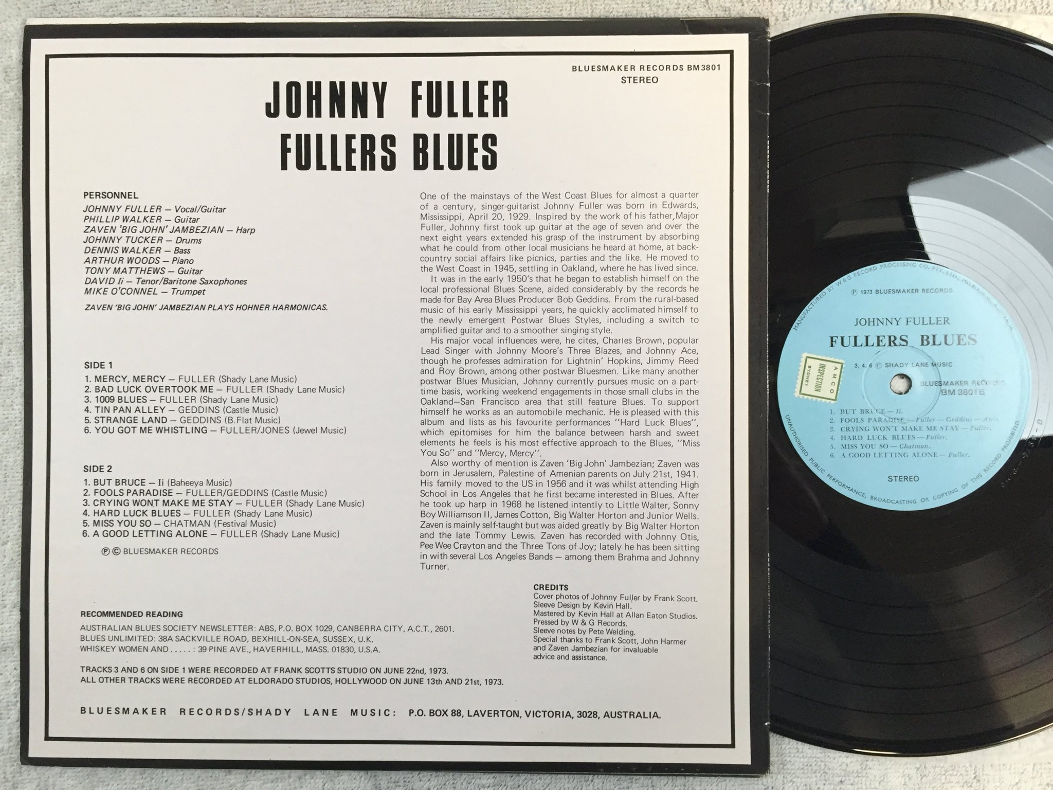 Omslagsbild för skivan JOHNNY FULLER fullers blues LP -73 Australia BLUESMAKER BM 3801