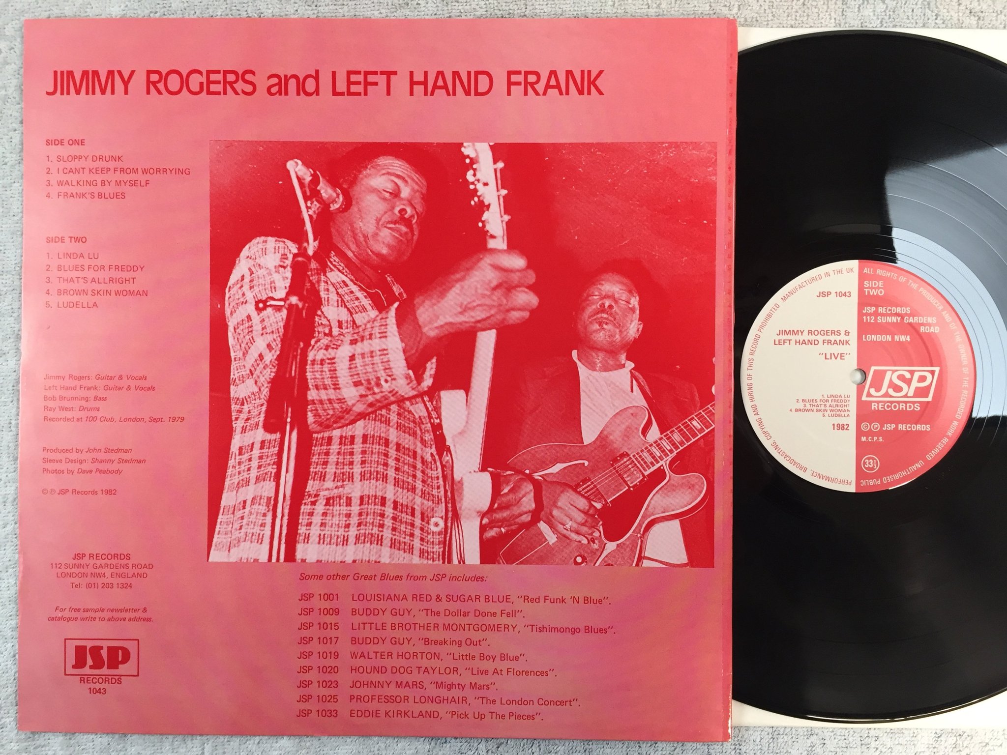 Omslagsbild för skivan JIMMY ROGERS & LEFT HAND FRANK live LP -82 JSP 1043