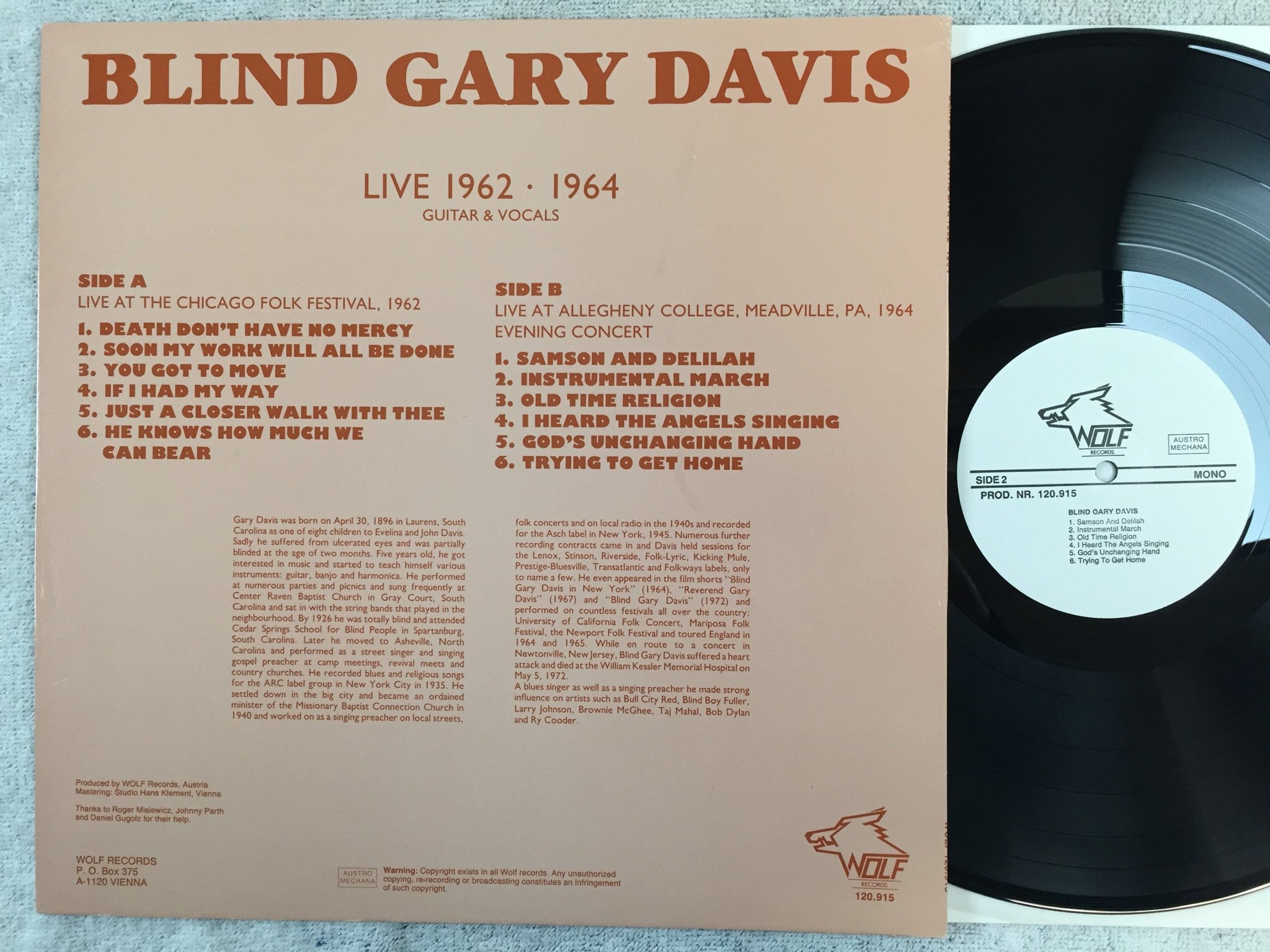 Omslagsbild för skivan BLIND GARY DAVIS 1962-1964 LP Austria WOLF 120.915