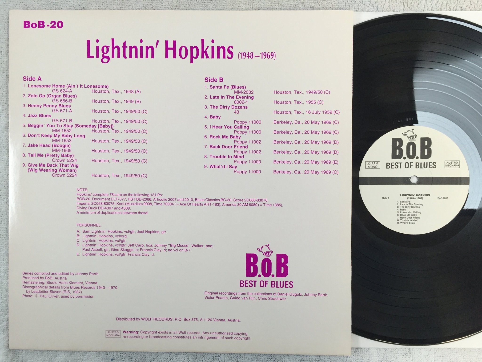 Omslagsbild för skivan LIGHTNIN' HOPKINS 1948-1969 LP Austria BEST OF BLUES BOB 20