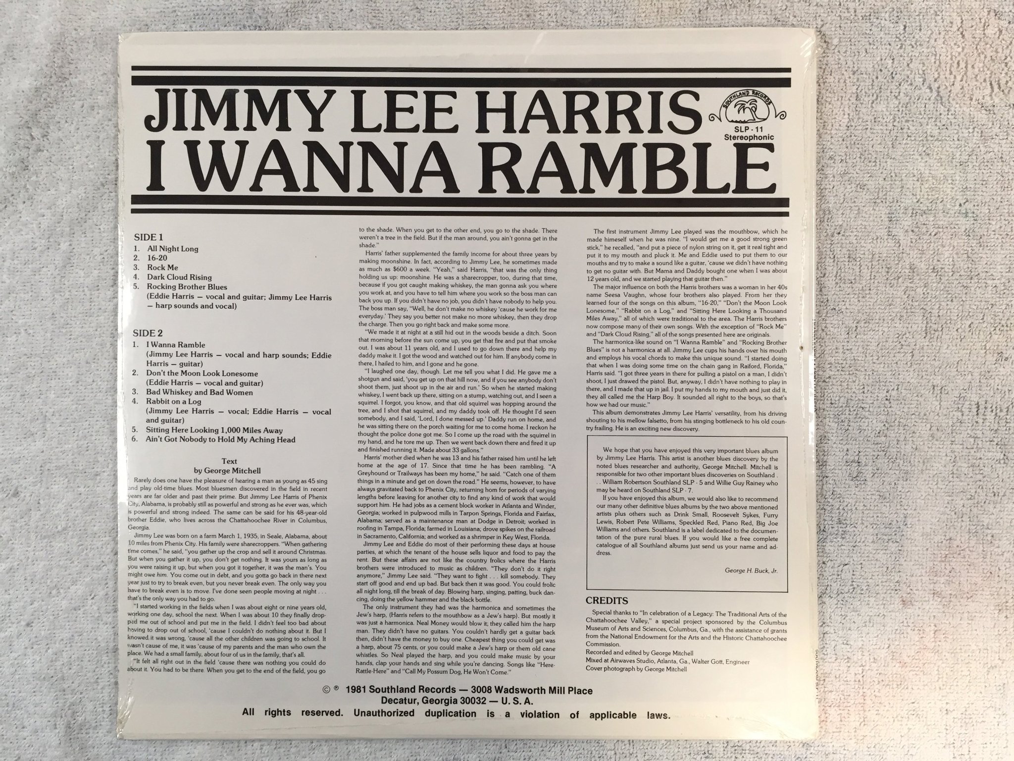 Omslagsbild för skivan JIMMY LEE HARRIS I wanna ramble LP -81 US SOUTHLAND SLP-11 sealed