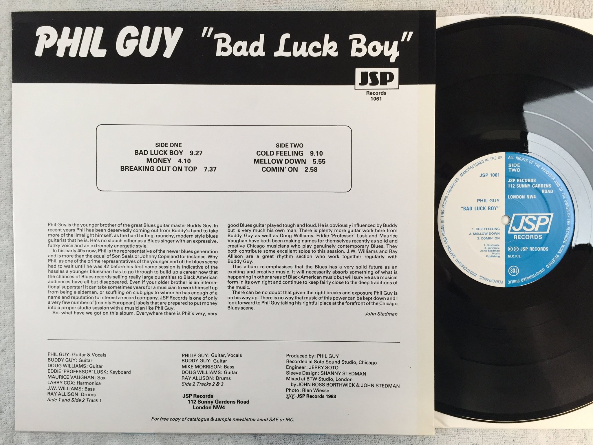 Omslagsbild för skivan PHIL GUY bad luck boy  LP -83 UK JSP 1061