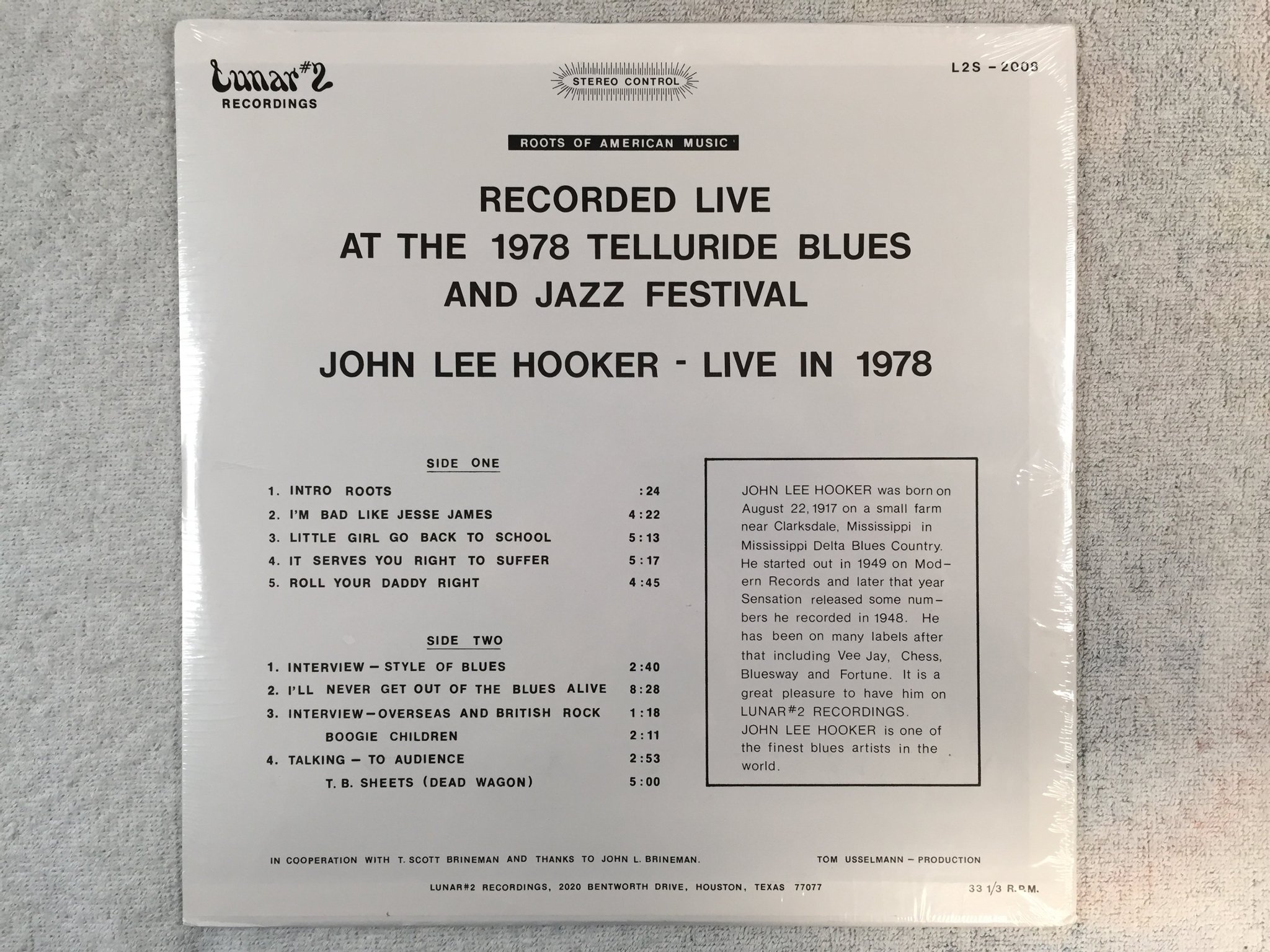Omslagsbild för skivan JOHN LEE HOOKER live at the Telluride blues & jazz festival LP US LUNAR #2 L2S 2
