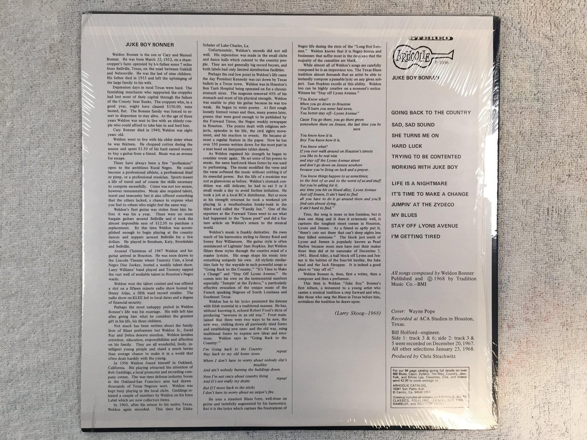 Omslagsbild för skivan JUKE BOY BONNER I'm going back to the country LP US ARHOOLIE ST 1036 Still seale