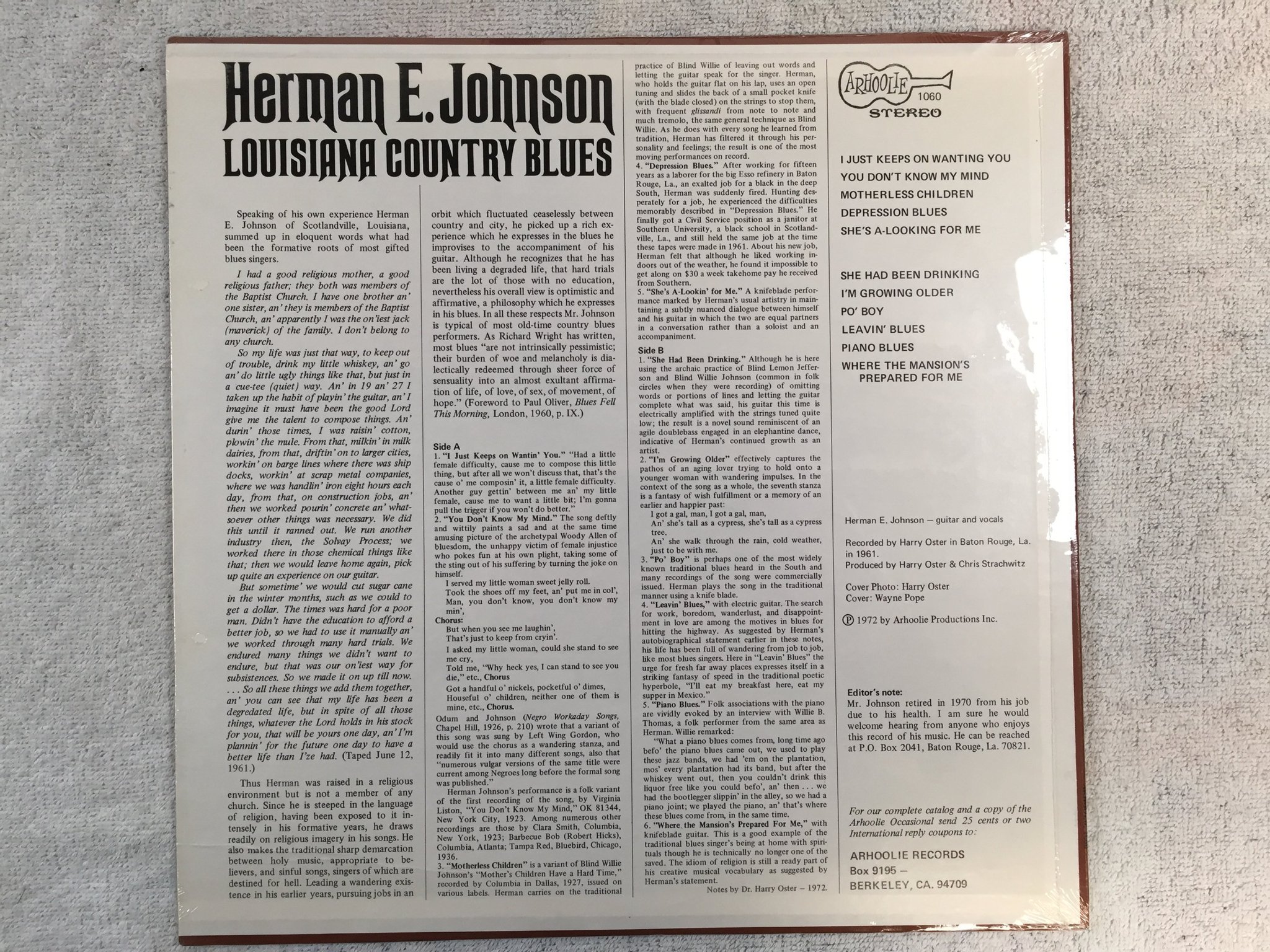 Omslagsbild för skivan HERMAN E JOHNSON Lousiana country blues LP US ARHOOLIE ST 1060 Still sealed