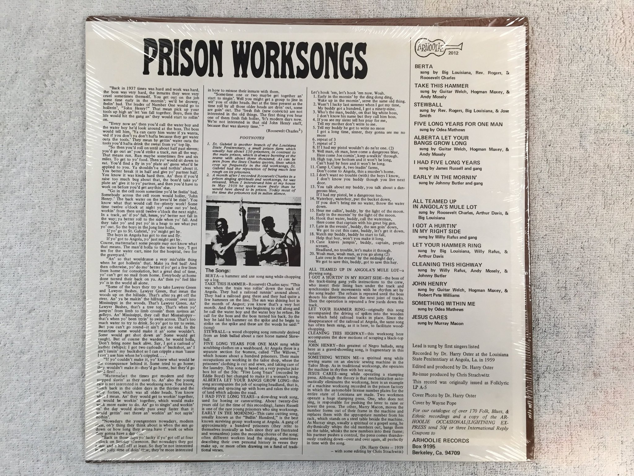 Omslagsbild för skivan ??PRISON WORKSONGS recorded at Angola LP US ARHOOLIE 2012 sealed
