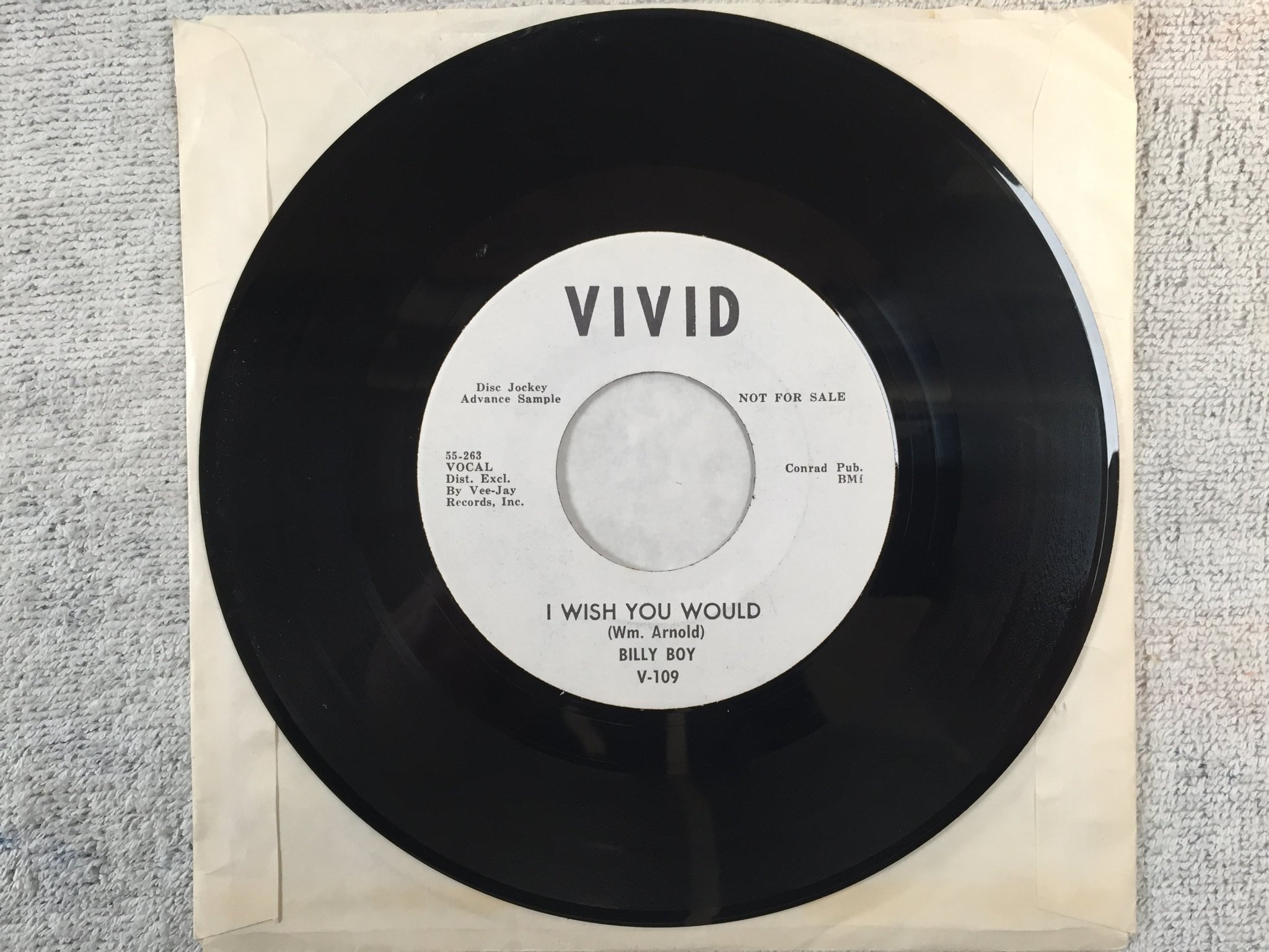 Omslagsbild för skivan BILLY BOY I wish you would 7"single -64 US promo VIVID V-109 blues 