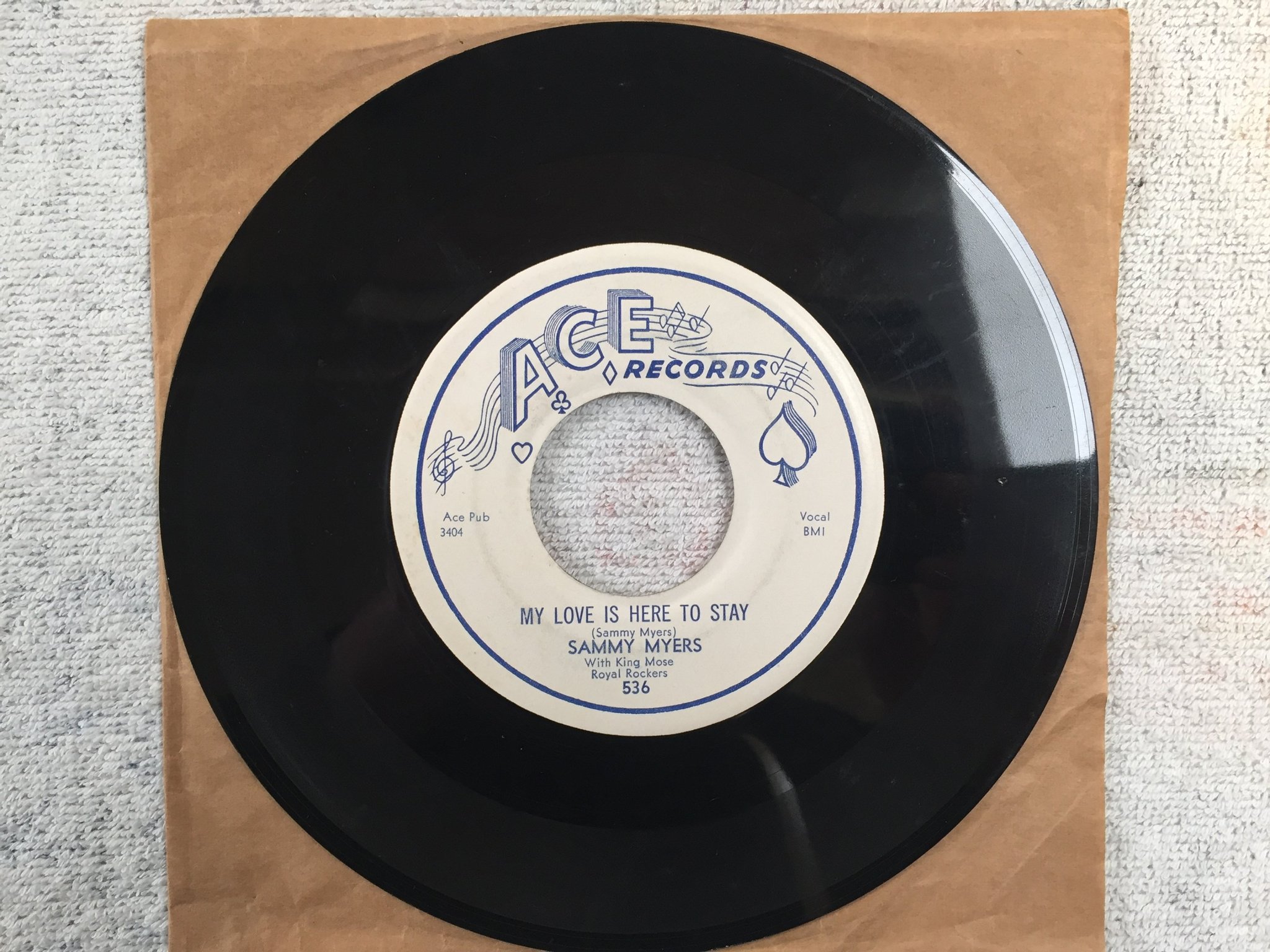 Omslagsbild för skivan SAMMY MYERS My Love Is Here To Stay 7"single -57 US ACE 536 blues