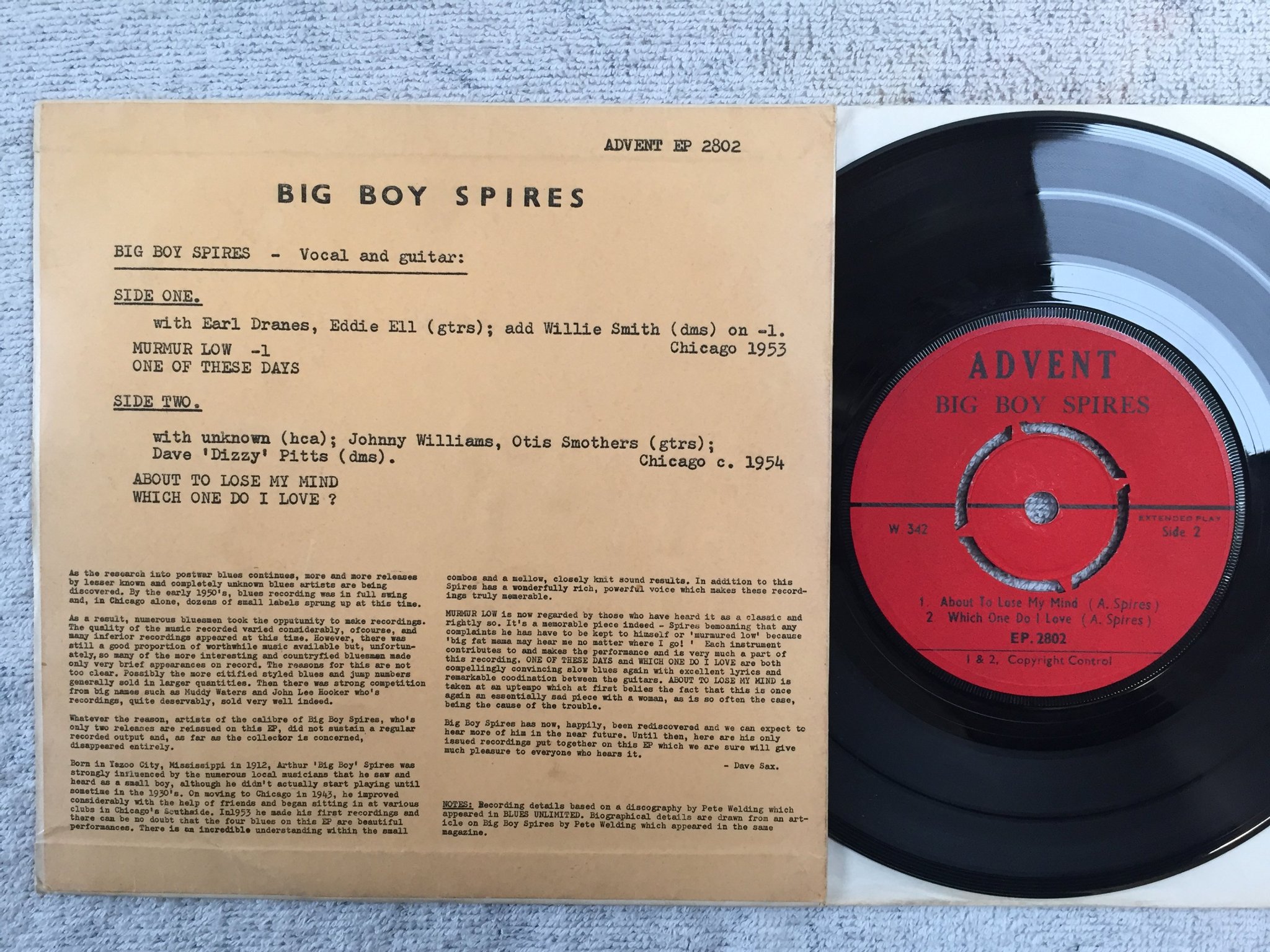 Omslagsbild för skivan BIG BOY SPIRES murmur low 7"ep -66 UK ADVENT 2802 rare blues