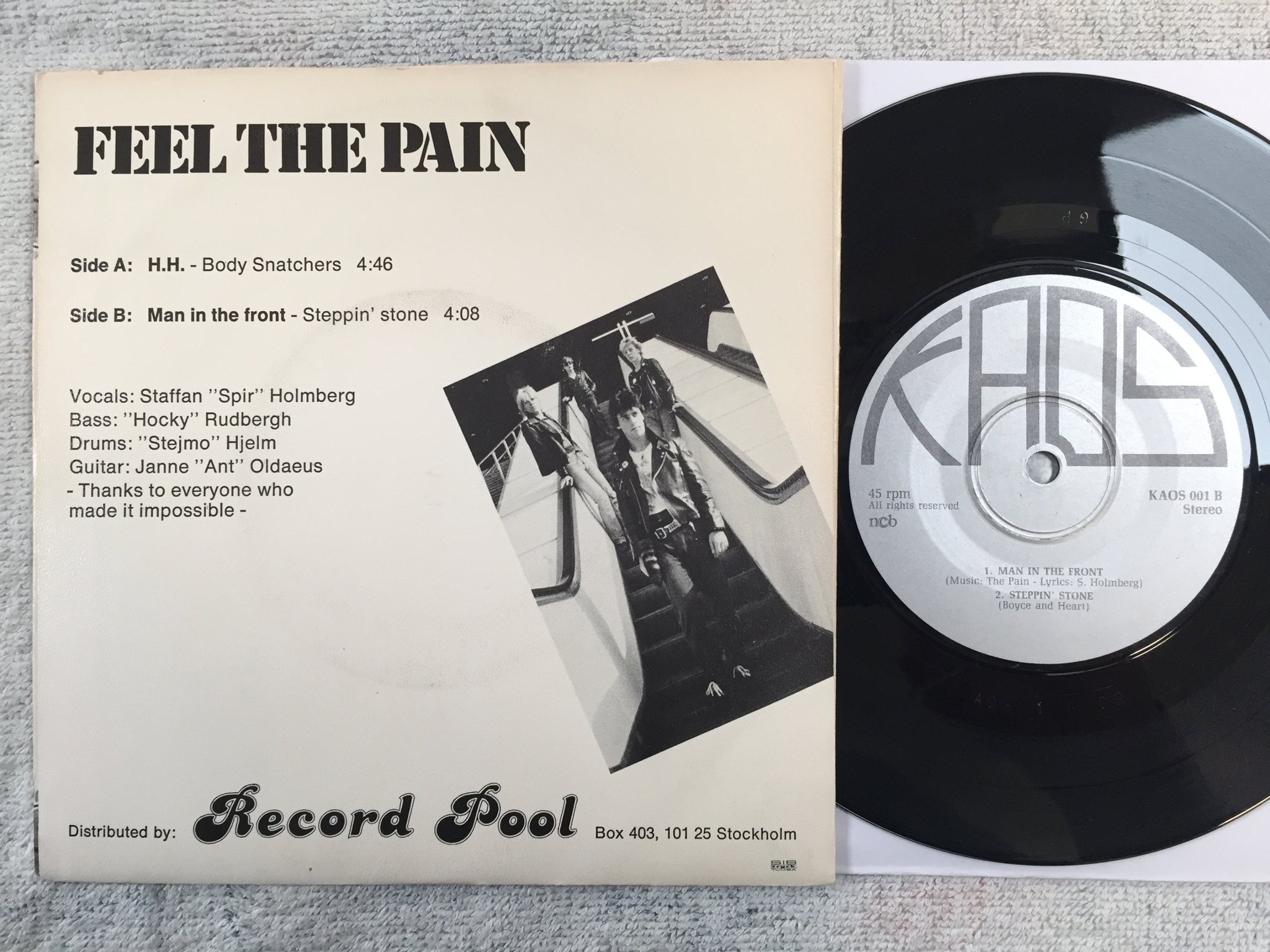Omslagsbild för skivan THE PAIN Feel The Pain  7"ep -79 Swe KAOS 001 punk