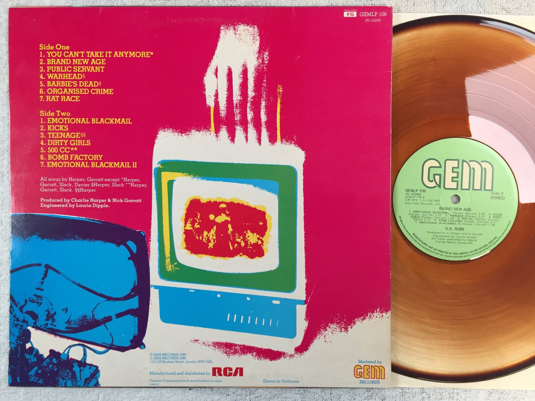 Omslagsbild för skivan UK SUBS brand new age LP -80 UK GEM GEMLP 106 clear vinyl