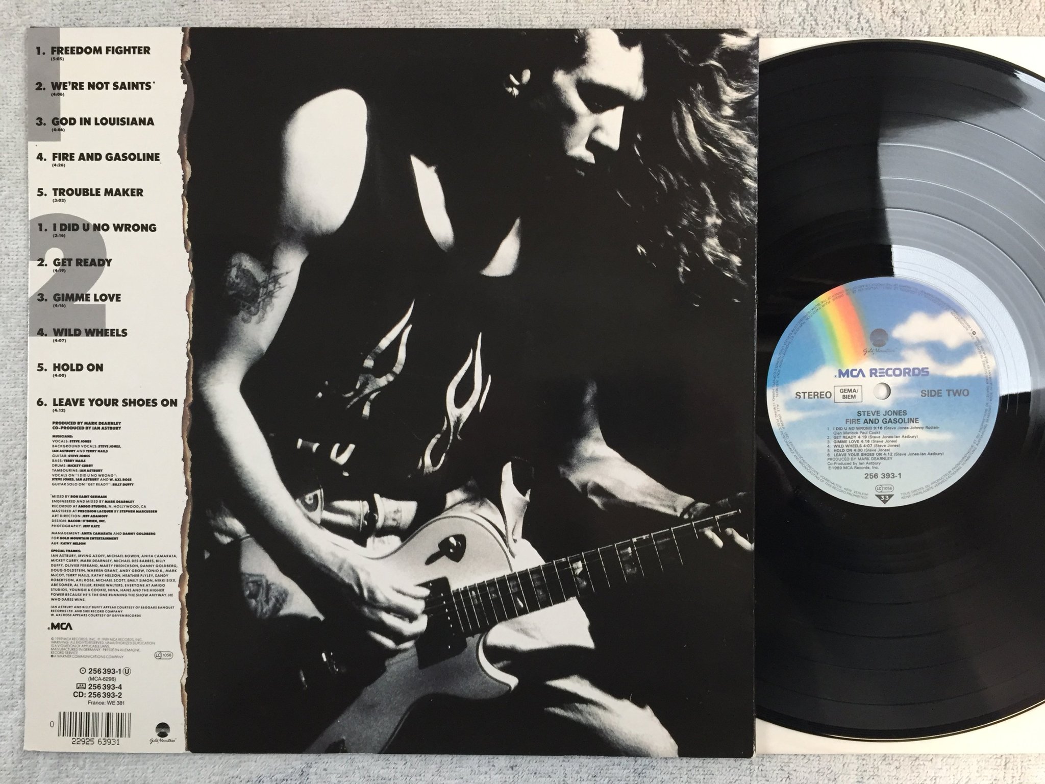 Omslagsbild för skivan STEVE JONES fire and gasoline LP -89 Ger MCA 256 393-1