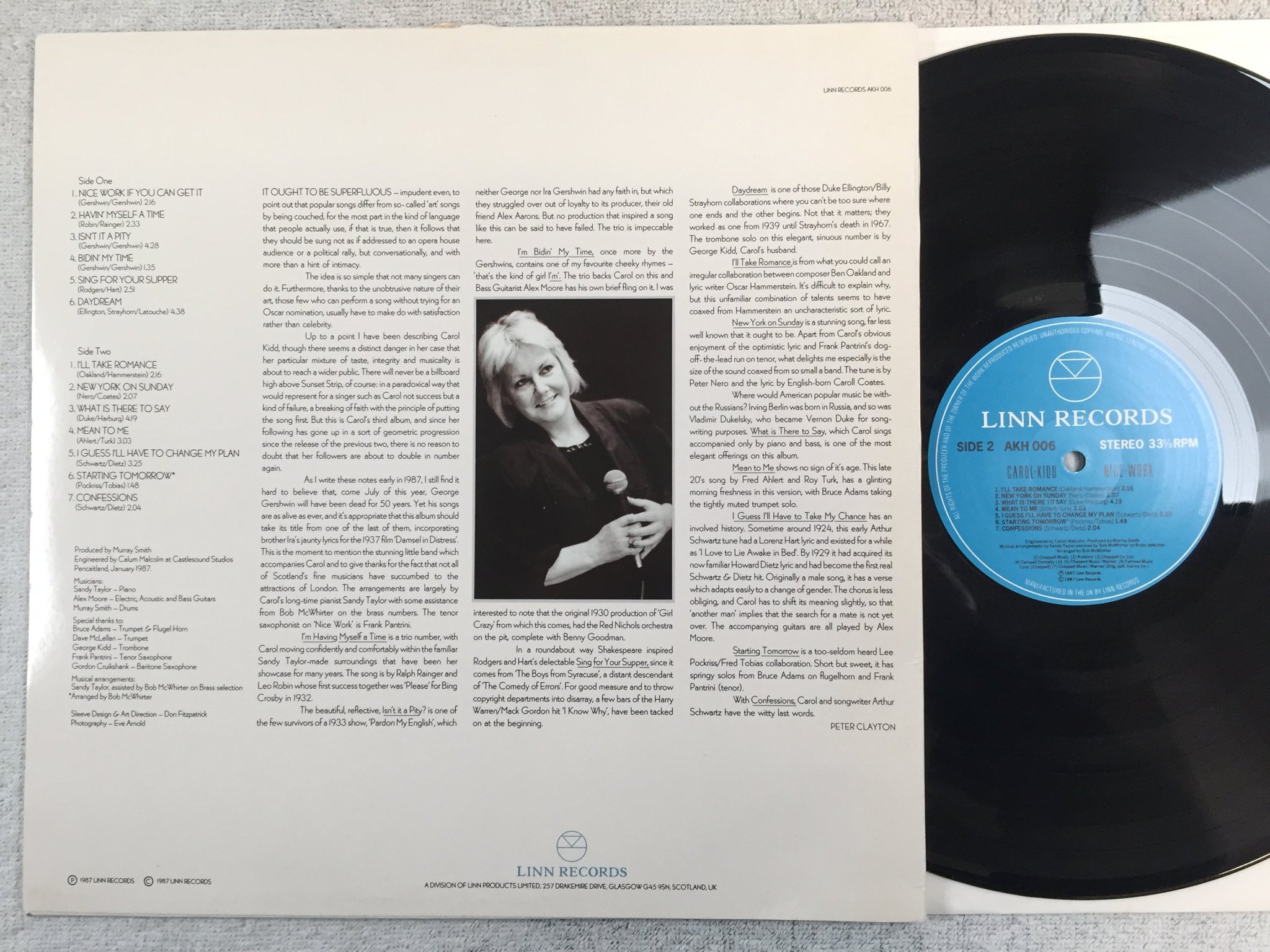 Omslagsbild för skivan CAROL KIDD nice work LP -87 UK LINN AKH 006 nice vocal jazz