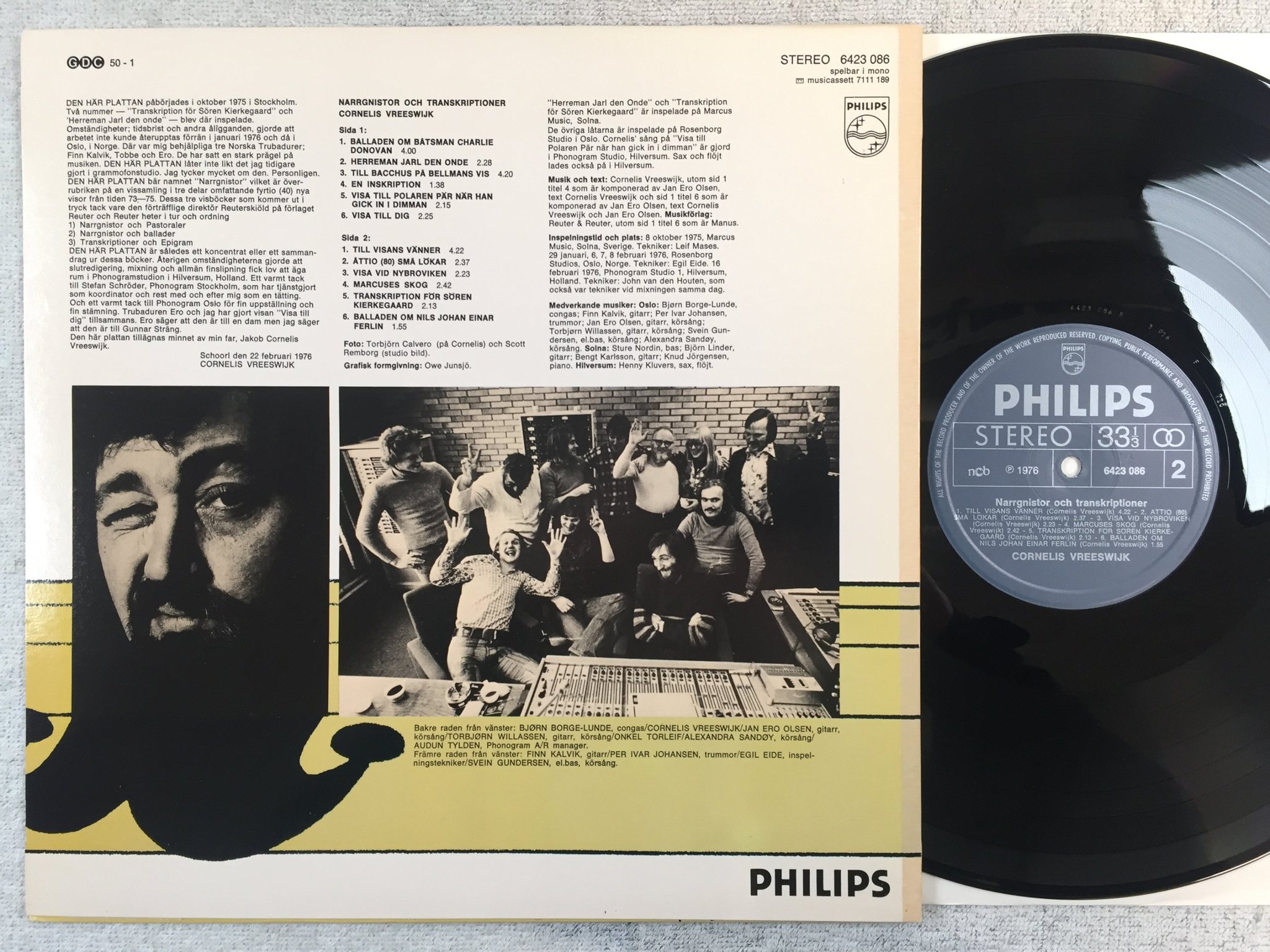 Omslagsbild för skivan CORNELIS VREESWIJK narrgnistor & transkriptioner LP -76 Swe PHILIPS 6423 086