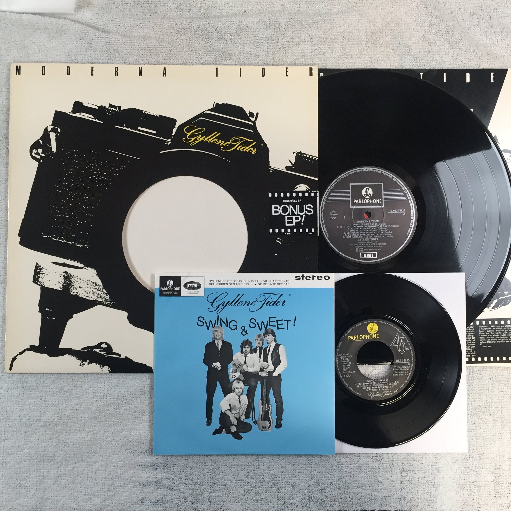 Omslagsbild för skivan GYLLENE TIDER moderna tider LP + bonus singel PARLOPHONE 7C 062-35825