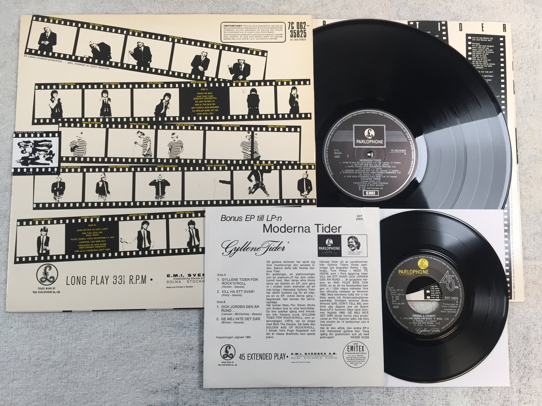 Omslagsbild för skivan GYLLENE TIDER moderna tider LP + bonus singel PARLOPHONE 7C 062-35825